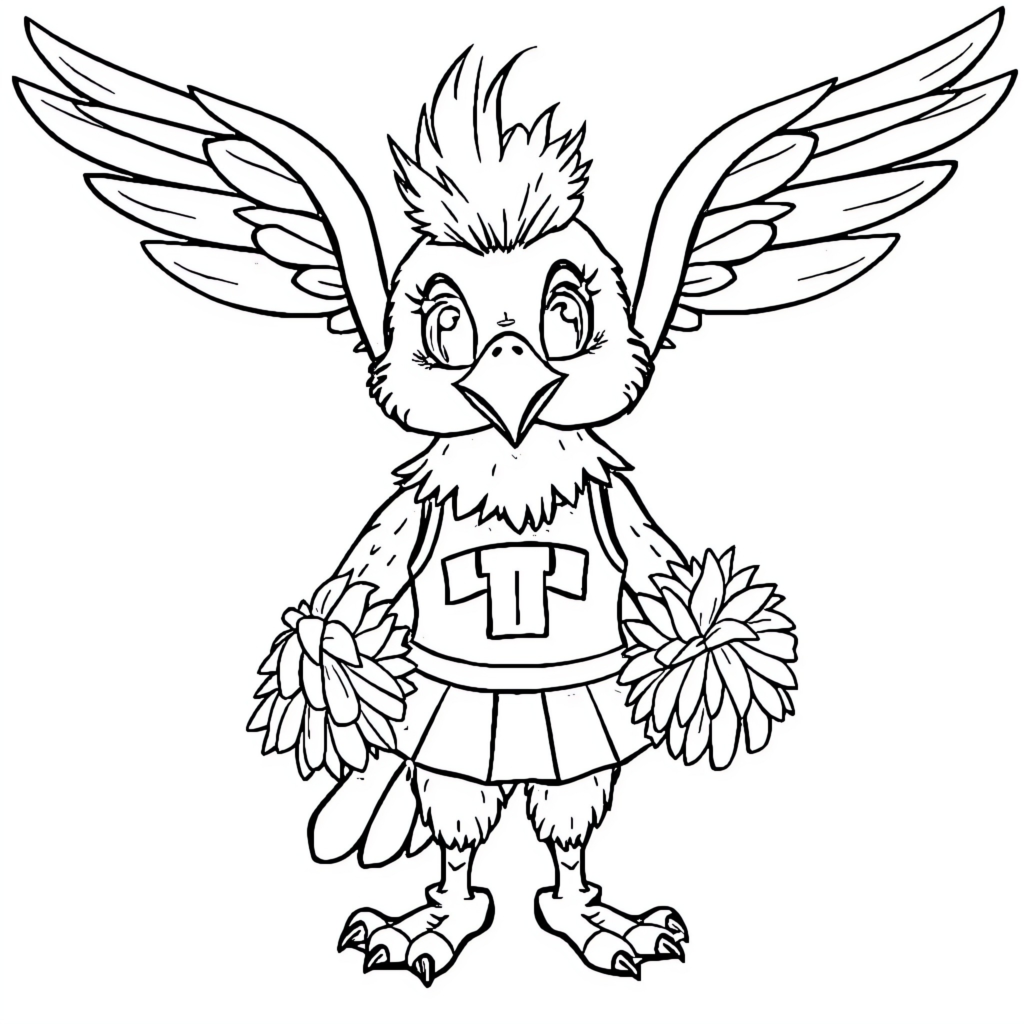 Eagle mascot with cheerleading outfit and pompoms Coloring Page (free black-and-white line drawing printable PDF for all, from beginners to advanced learners, including children, teens, adults, and seniors)