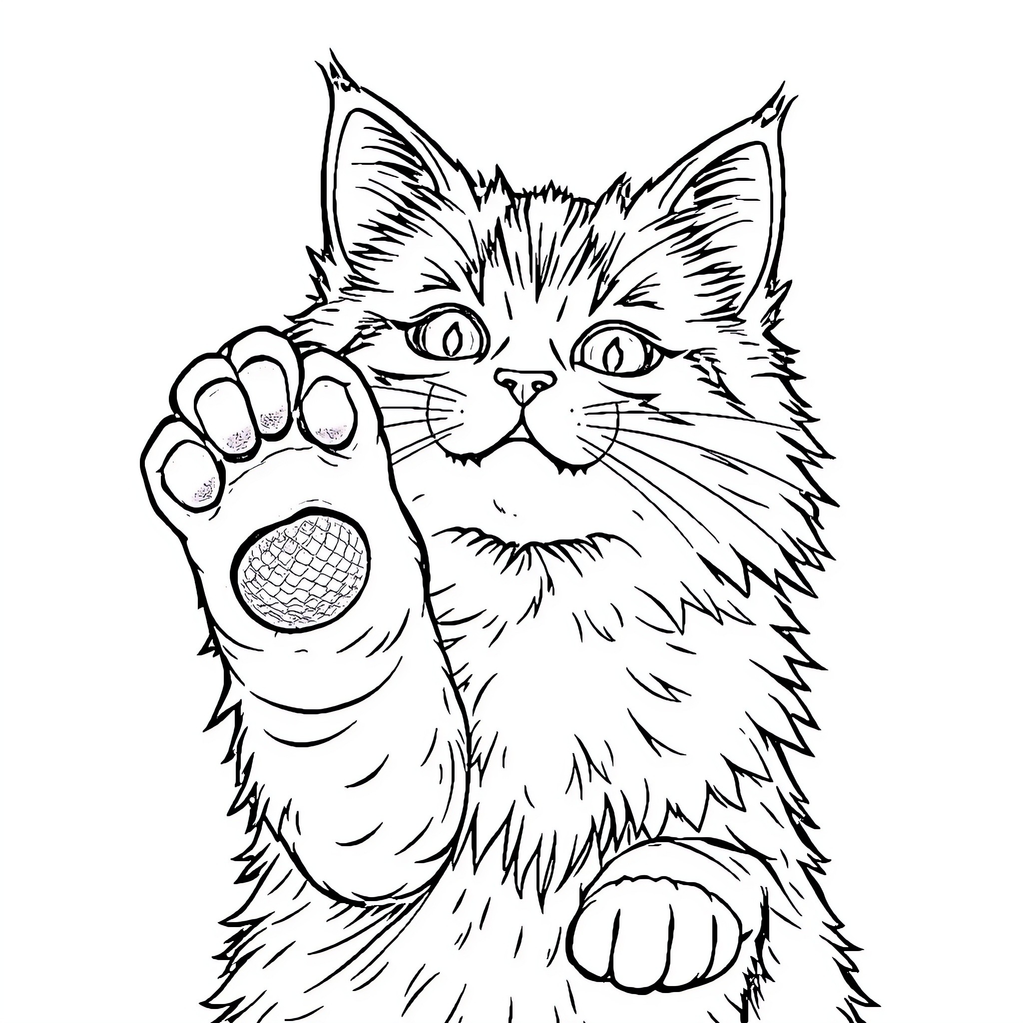 Cat reaching out playfully Coloring Page (free black-and-white line drawing printable PDF for all, from beginners to advanced learners, including children, teens, adults, and seniors)