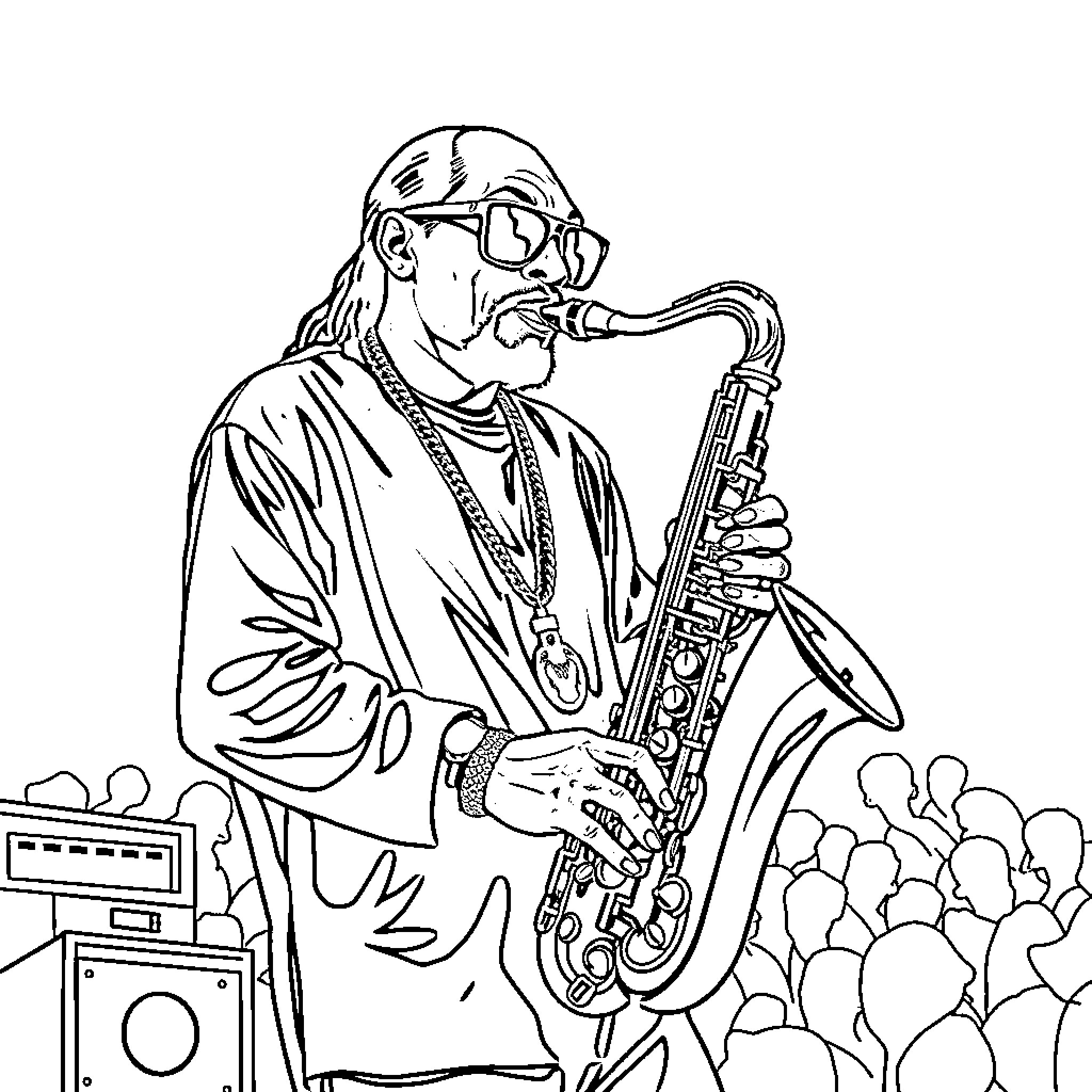 Snoop Dog playing saxophone in front of a crowd Coloring Page (free black-and-white line drawing printable PDF for all, from beginners to advanced learners, including children, teens, adults, and seniors)
