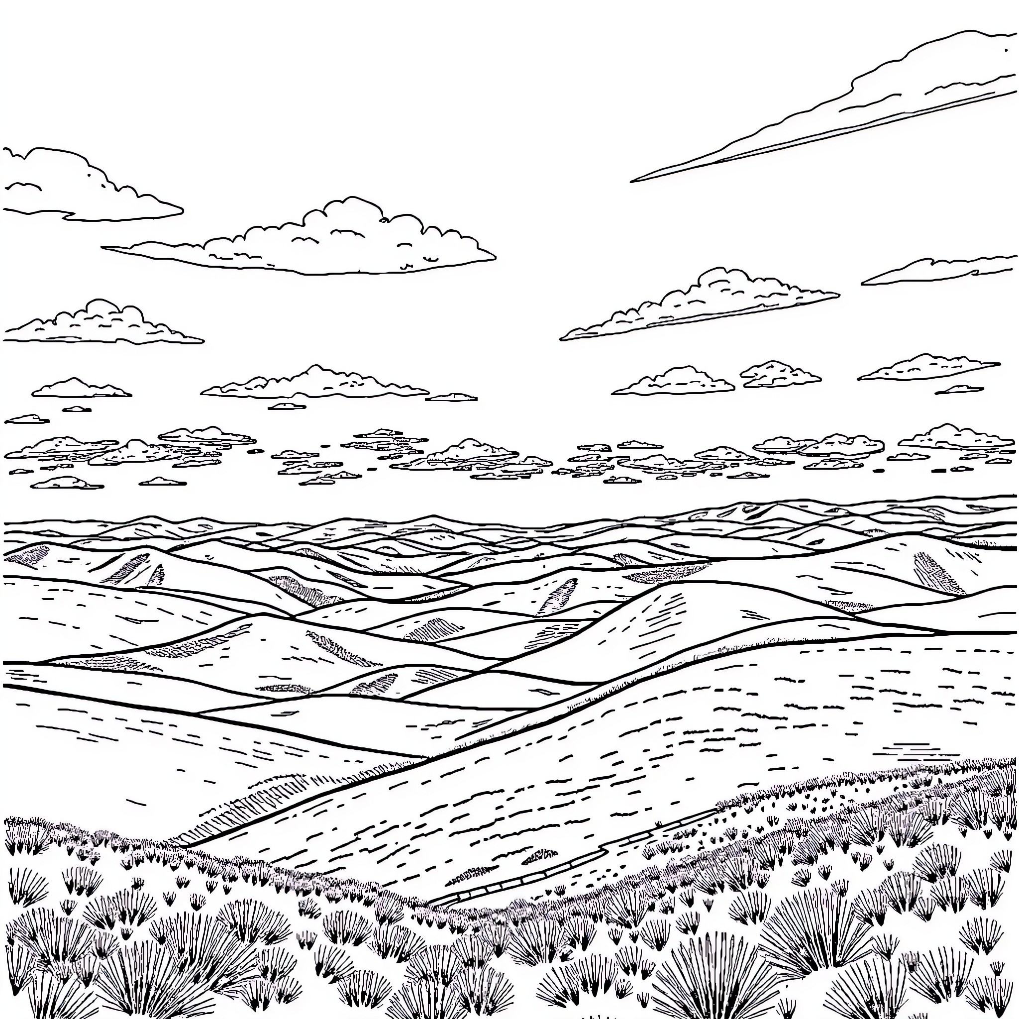Landscape of rolling hills and scattered clouds Coloring Page (free black-and-white line drawing printable PDF for all, from beginners to advanced learners, including children, teens, adults, and seniors)