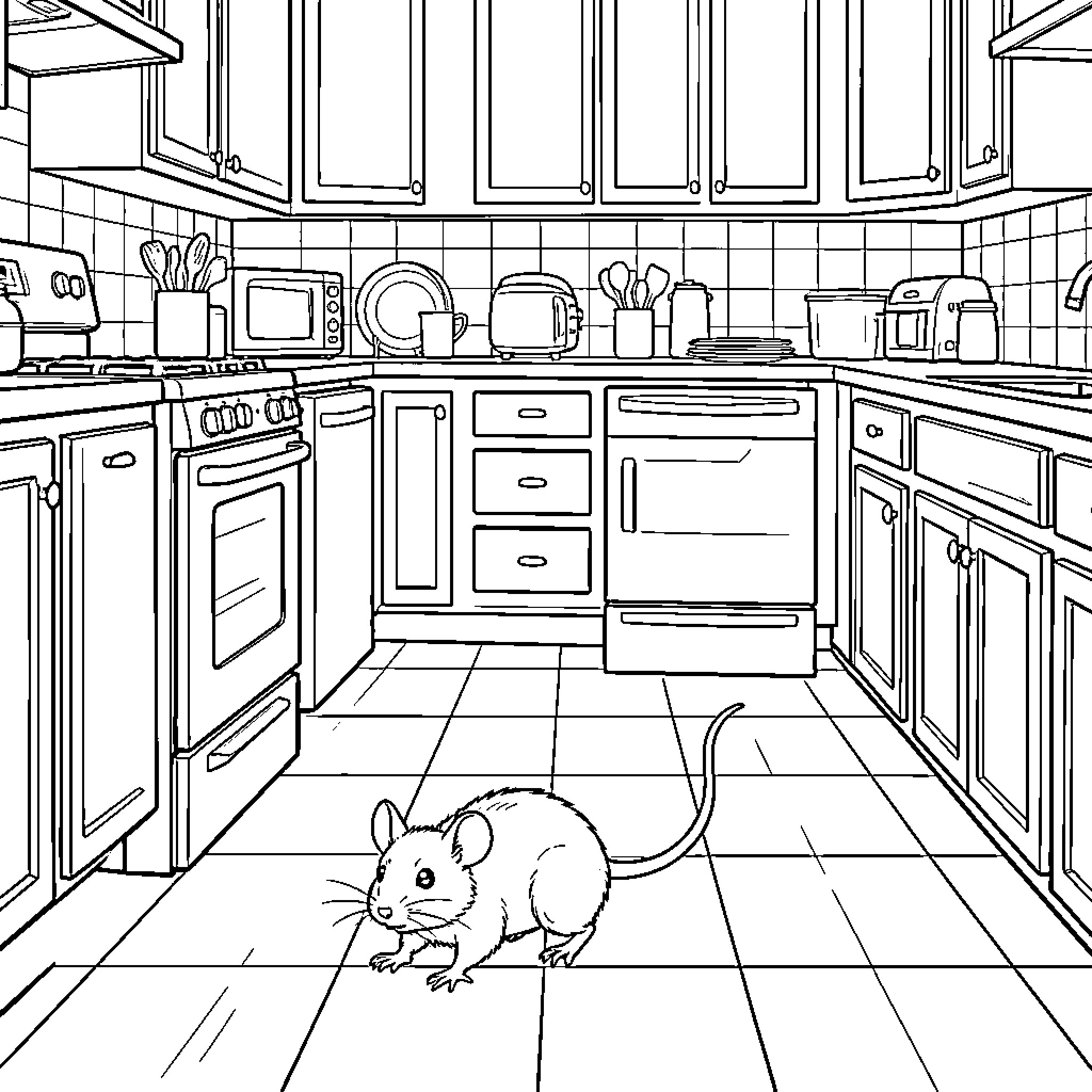 Mouse scurrying across a kitchen floor Coloring Page (free black-and-white line drawing printable PDF for all, from beginners to advanced learners, including children, teens, adults, and seniors)
