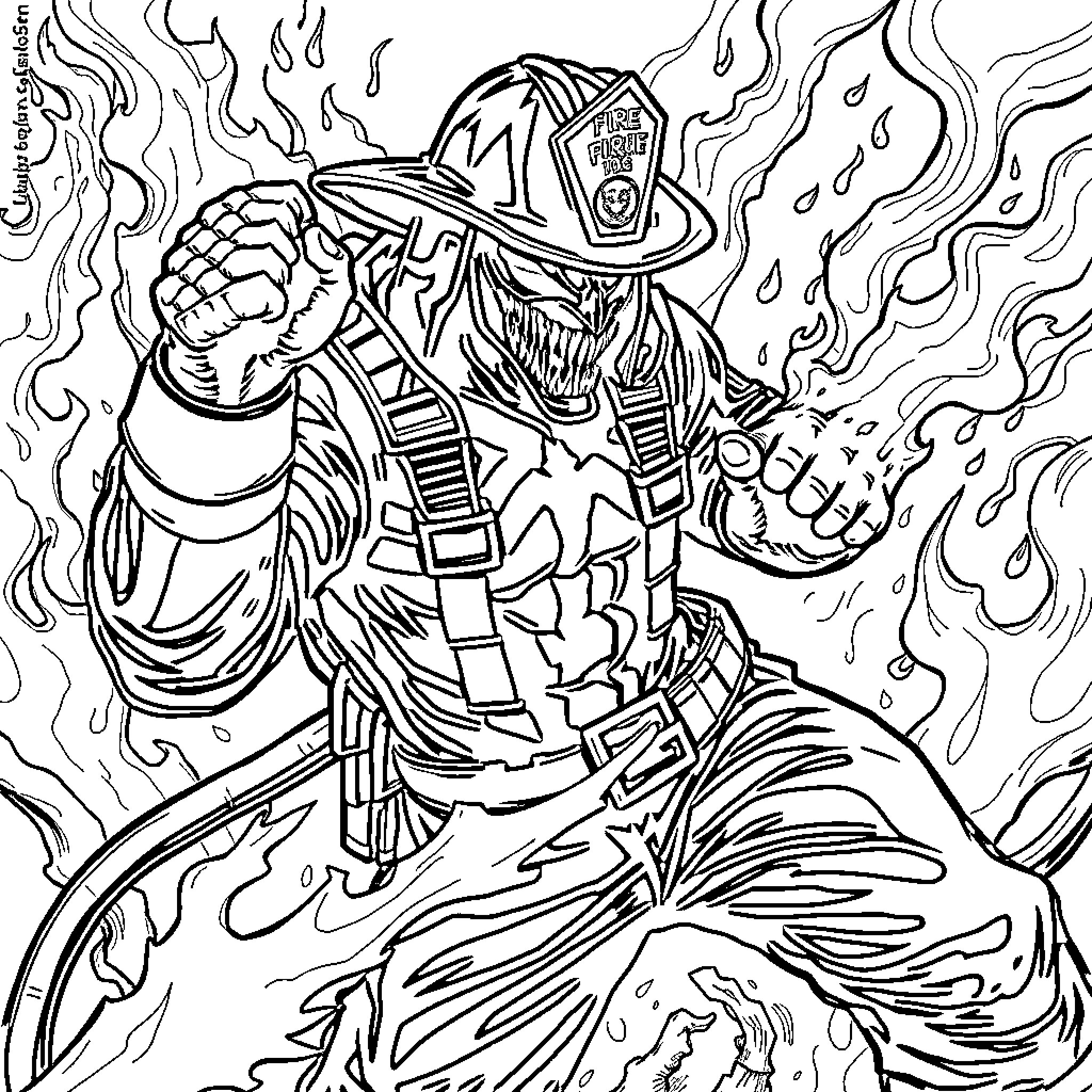 Firefighter bravely battling a raging inferno Coloring Page (free black-and-white line drawing printable PDF for all, from beginners to advanced learners, including children, teens, adults, and seniors)
