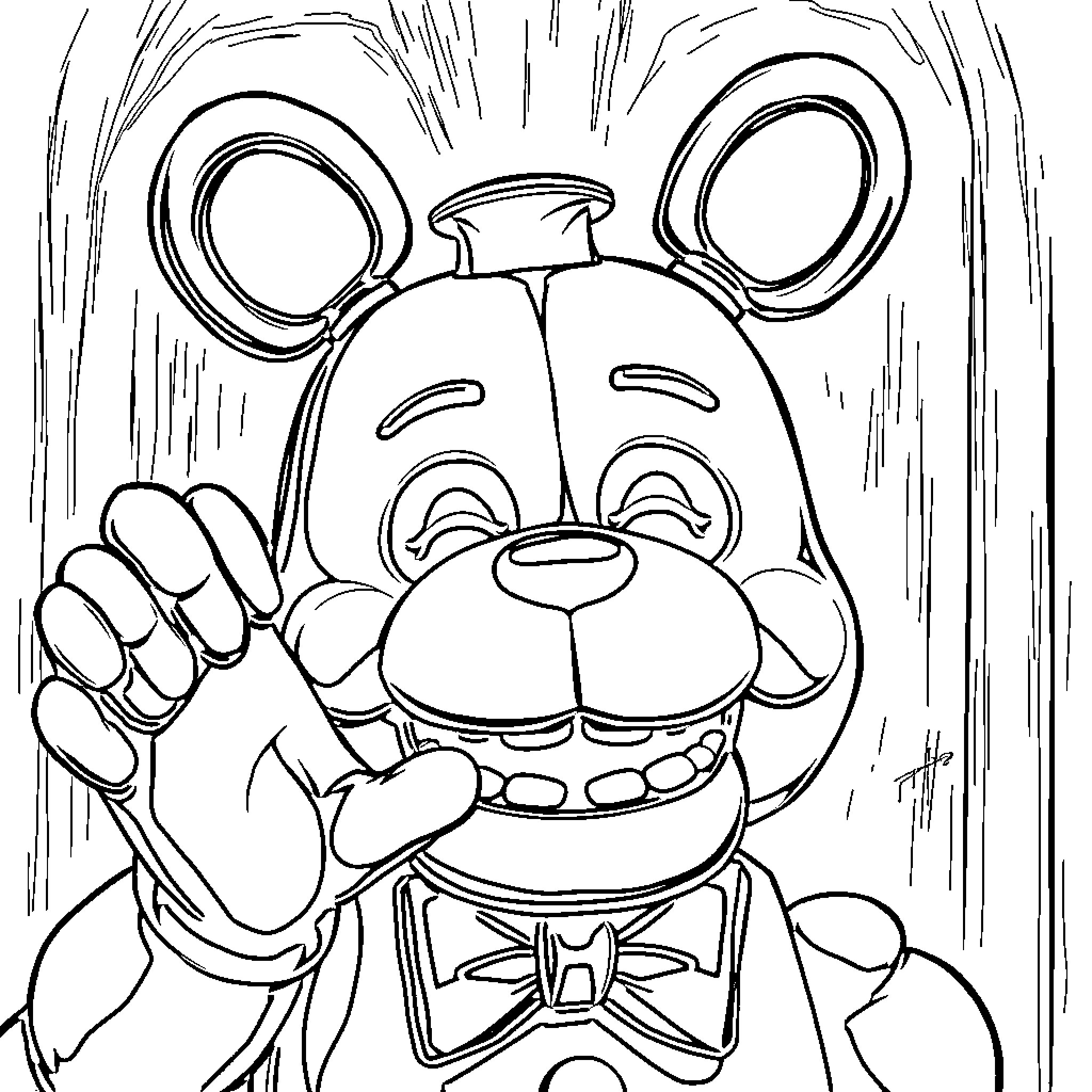 Golden Freddy's Playful Embrace Coloring Page (free black-and-white line drawing printable PDF for all, from beginners to advanced learners, including children, teens, adults, and seniors)