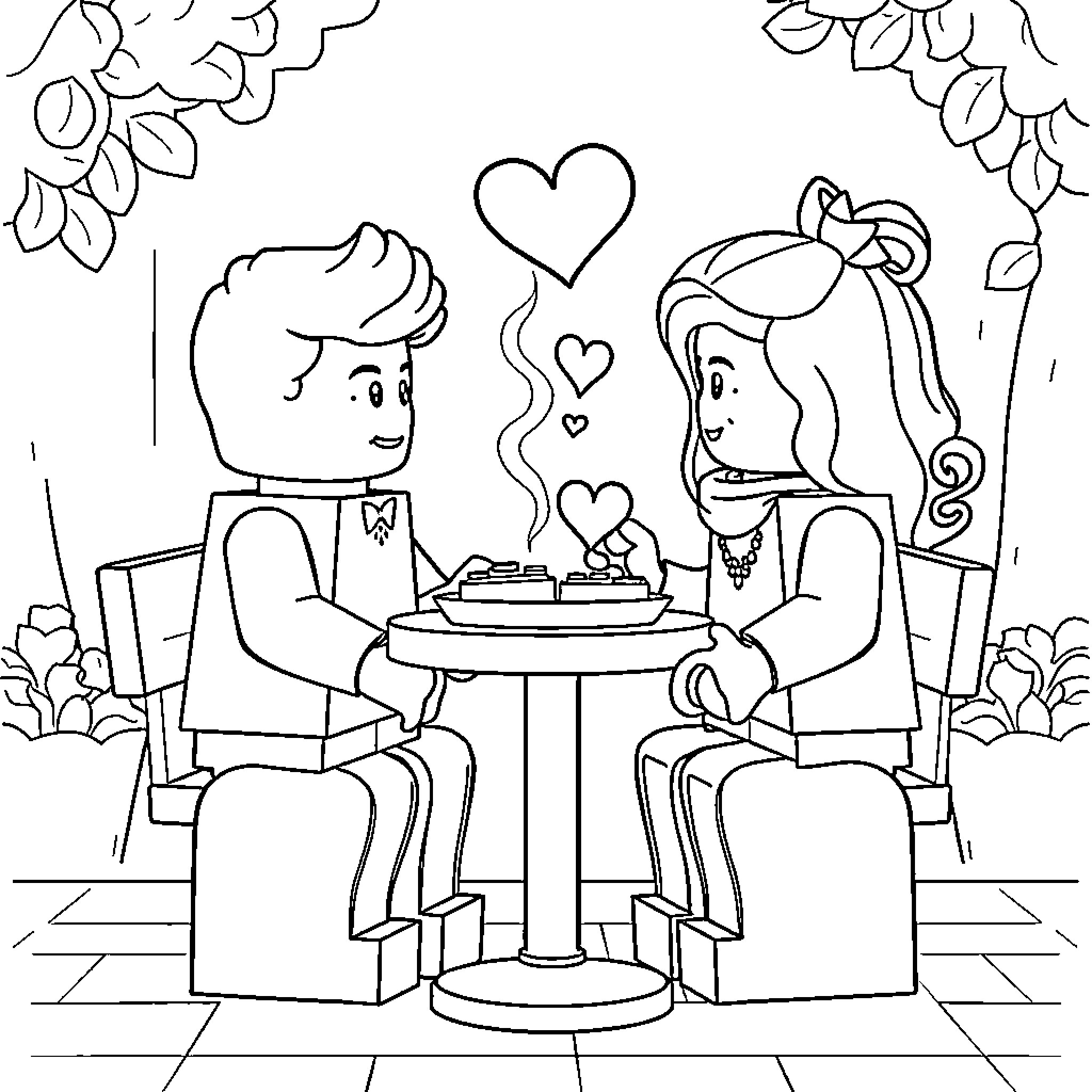 Lego Person's Romantic Date with Heart Balloons Coloring Page (free black-and-white line drawing printable PDF for all, from beginners to advanced learners, including children, teens, adults, and seniors)