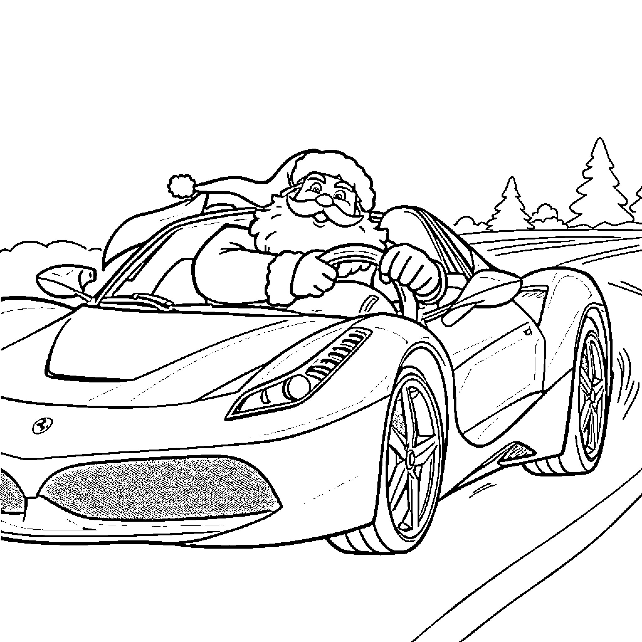 Santa enjoying a joyride in a sports car Coloring Page (free black-and-white line drawing printable PDF for all, from beginners to advanced learners, including children, teens, adults, and seniors)