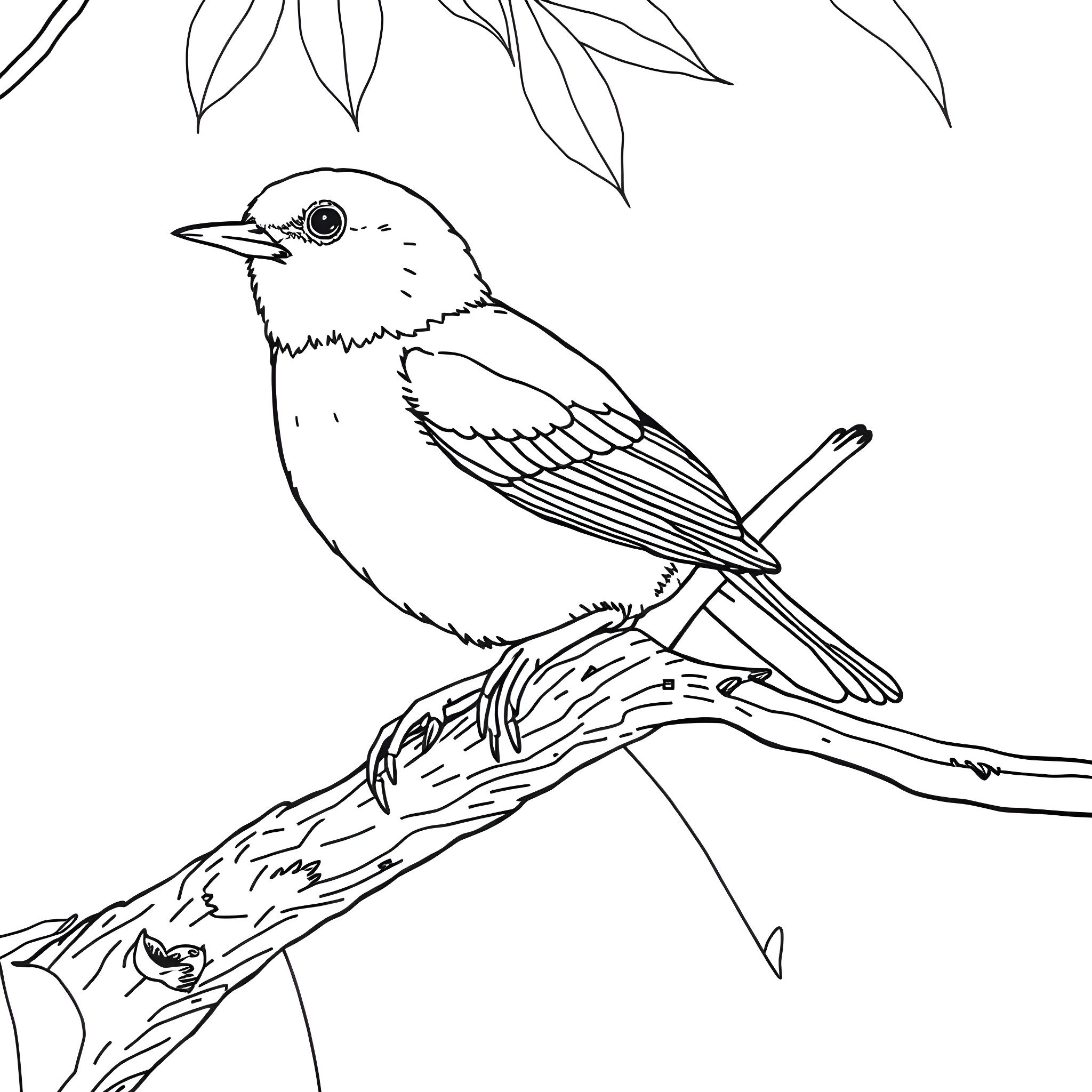 Setophaga Petechia perched on branch with leaves Coloring Page (free black-and-white line drawing printable PDF for all, from beginners to advanced learners, including children, teens, adults, and seniors)