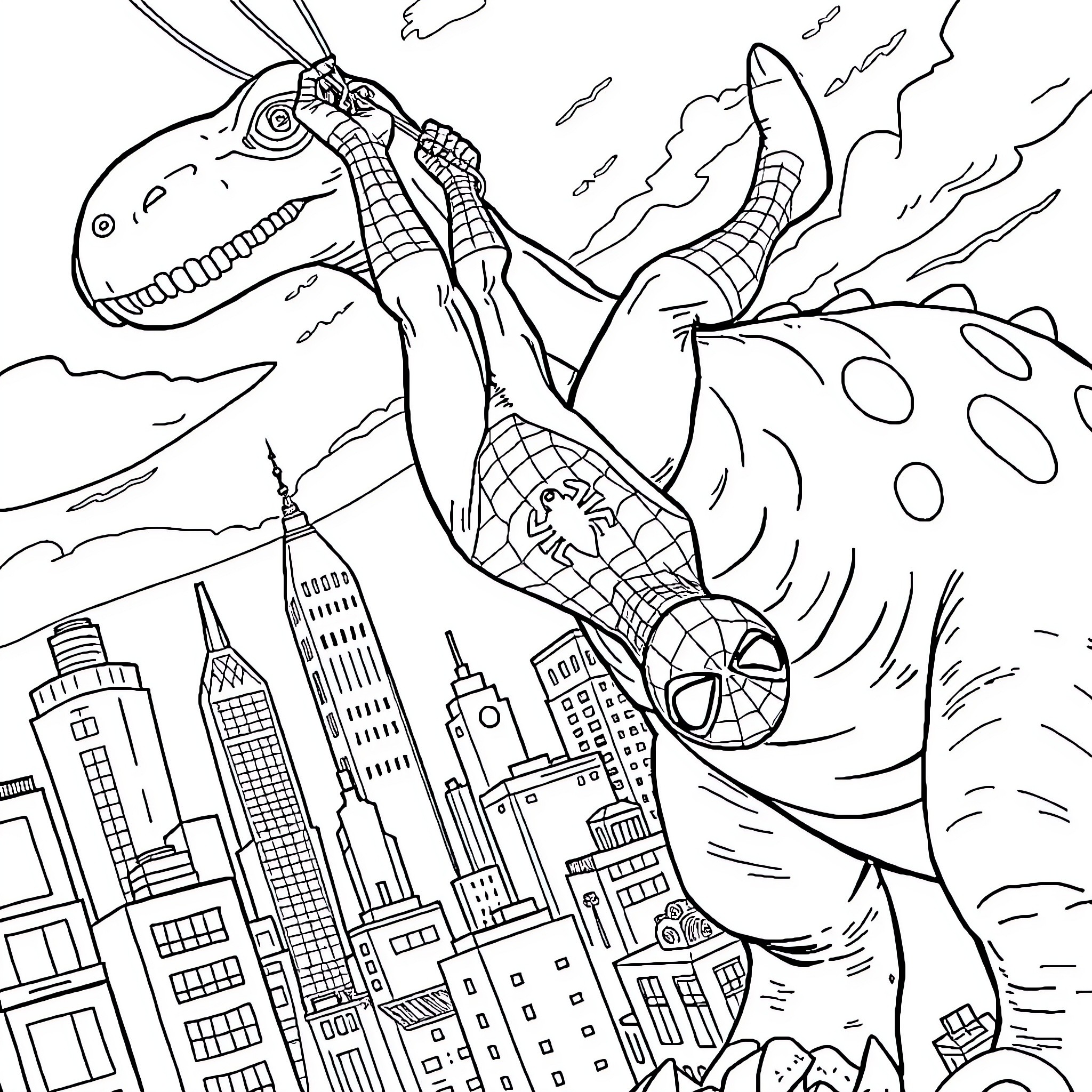 Spiderman swinging through the city skyline Coloring Page (free black-and-white line drawing printable PDF for all, from beginners to advanced learners, including children, teens, adults, and seniors)