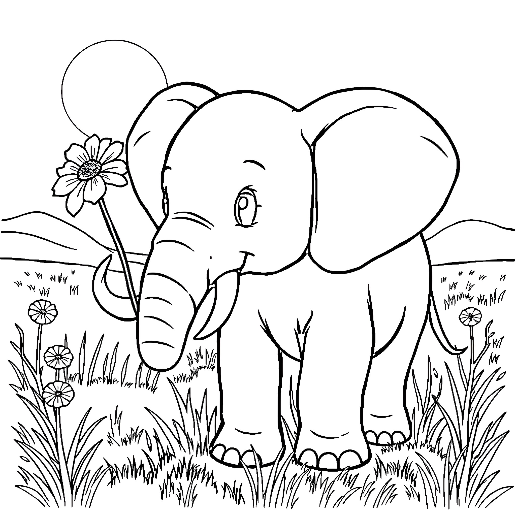Elephant enjoying the outdoors with flowers Coloring Page (free black-and-white line drawing printable PDF for all, from beginners to advanced learners, including children, teens, adults, and seniors)