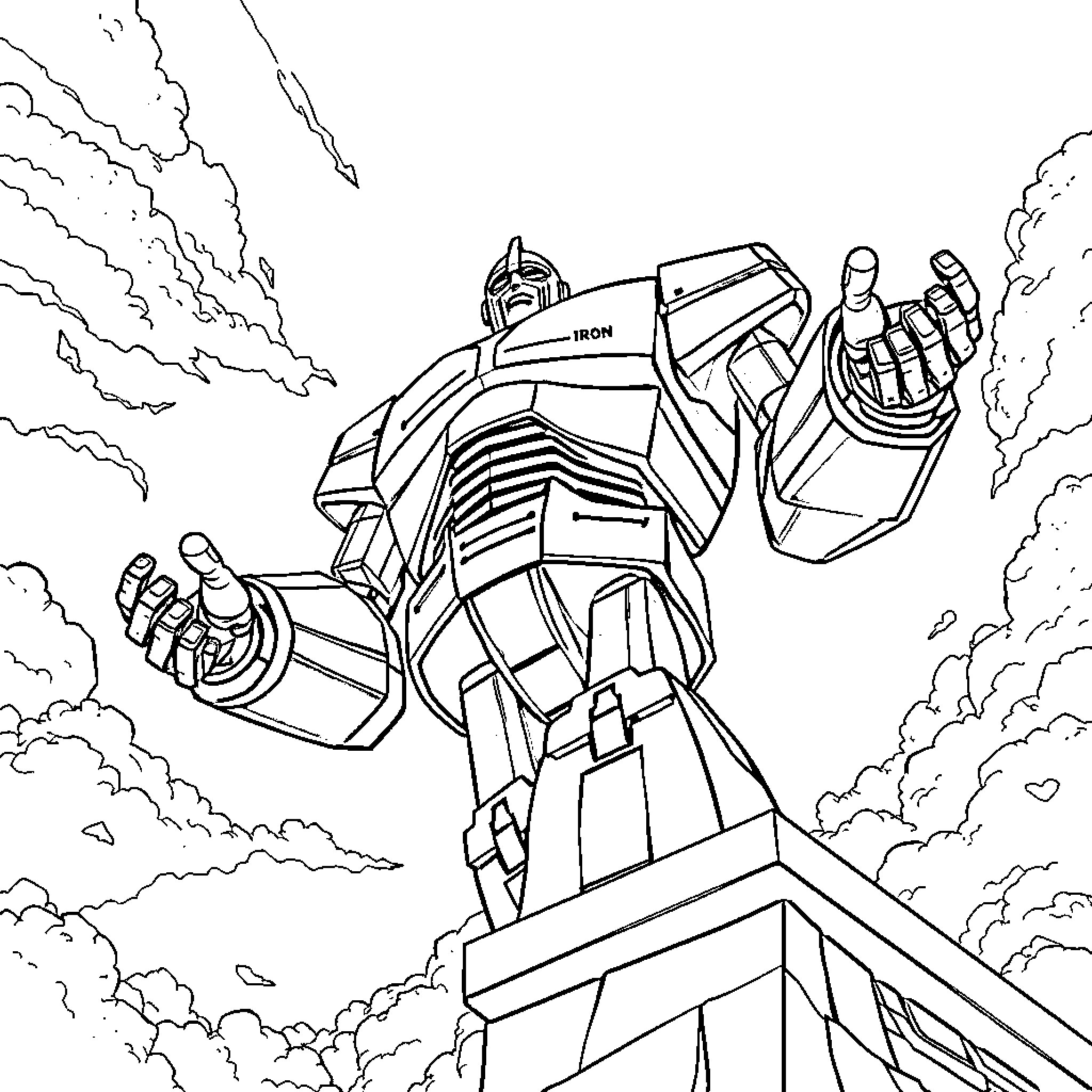Iron Giant heroically standing tall against the sky Coloring Page (free black-and-white line drawing printable PDF for all, from beginners to advanced learners, including children, teens, adults, and seniors)