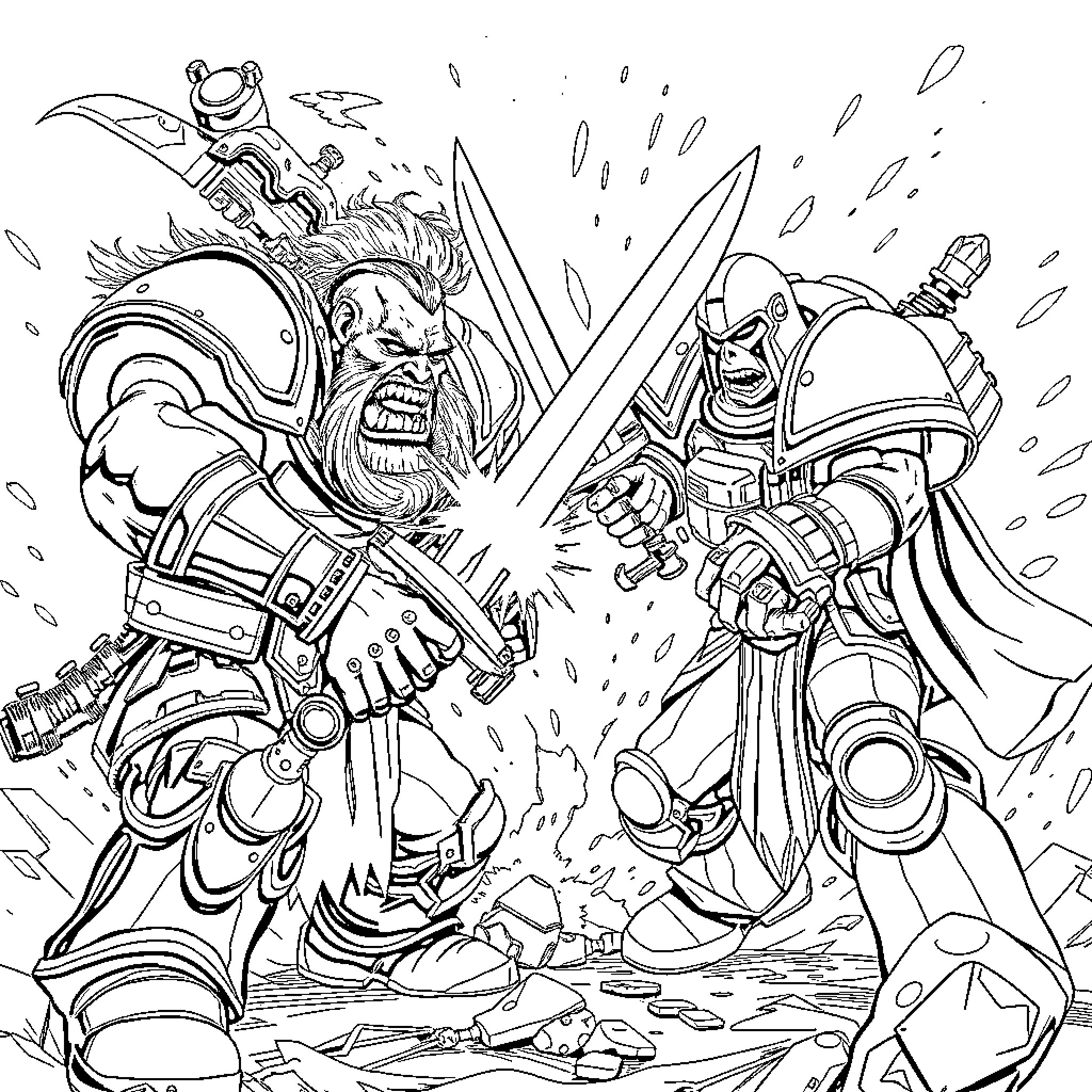 Ork warriors clash in intense battle Coloring Page (free black-and-white line drawing printable PDF for all, from beginners to advanced learners, including children, teens, adults, and seniors)