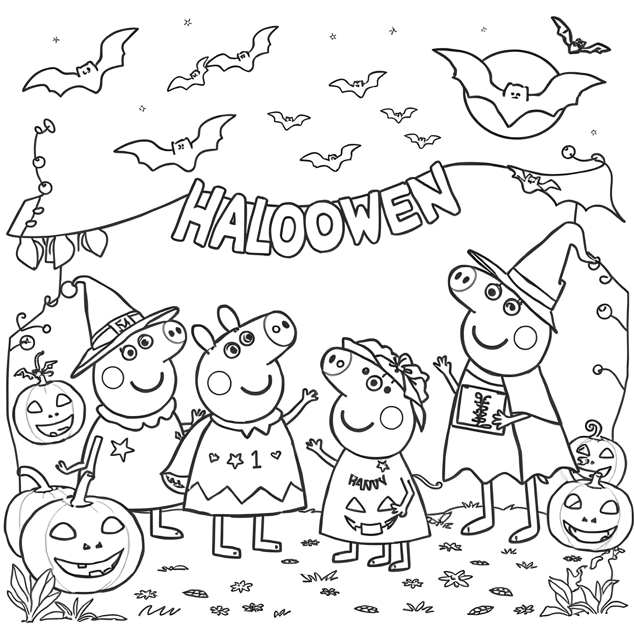 Peppa Pig's Halloween Celebration with Friends Coloring Page (free black-and-white line drawing printable PDF for all, from beginners to advanced learners, including children, teens, adults, and seniors)