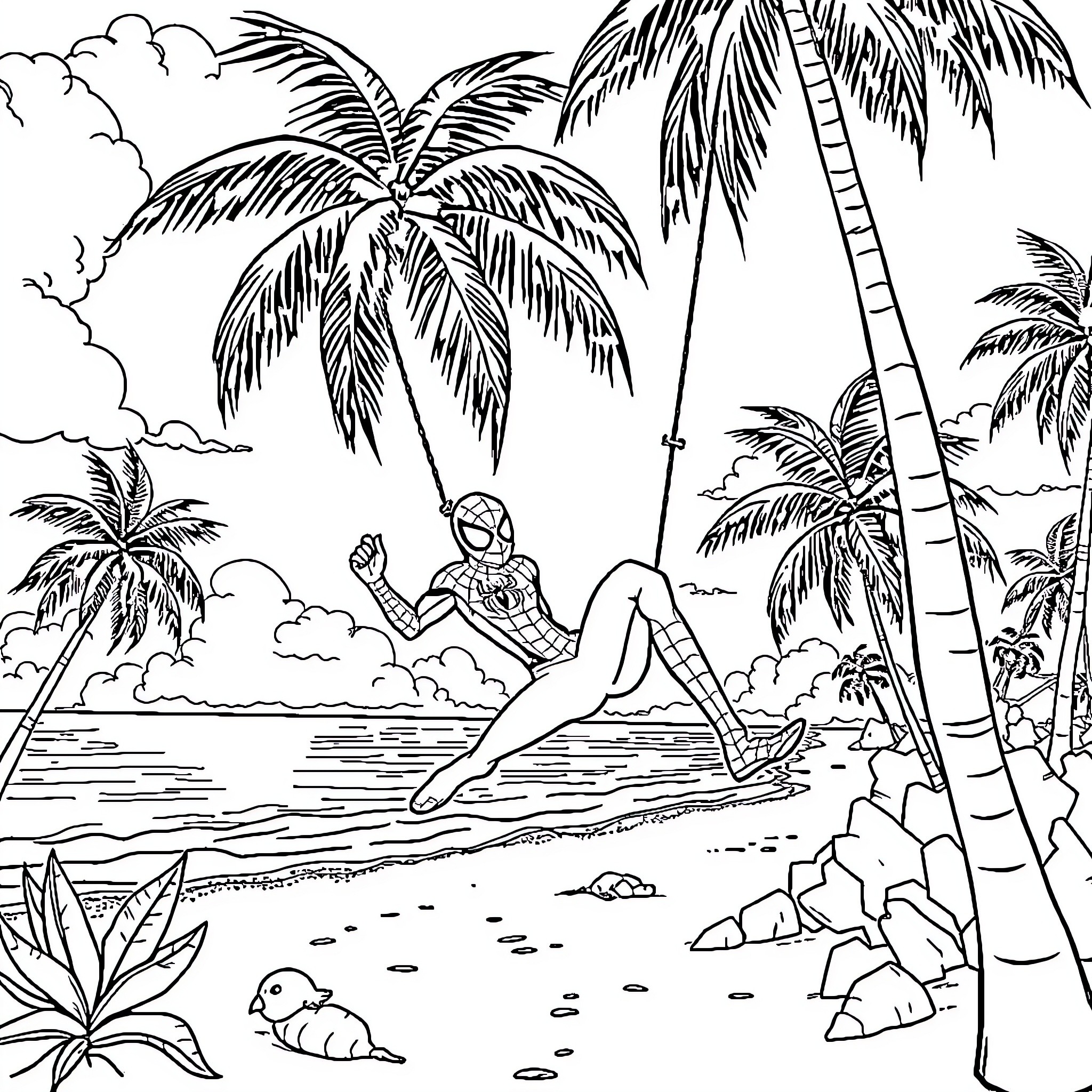 Spider-Man relaxing on a tropical beach Coloring Page (free black-and-white line drawing printable PDF for all, from beginners to advanced learners, including children, teens, adults, and seniors)