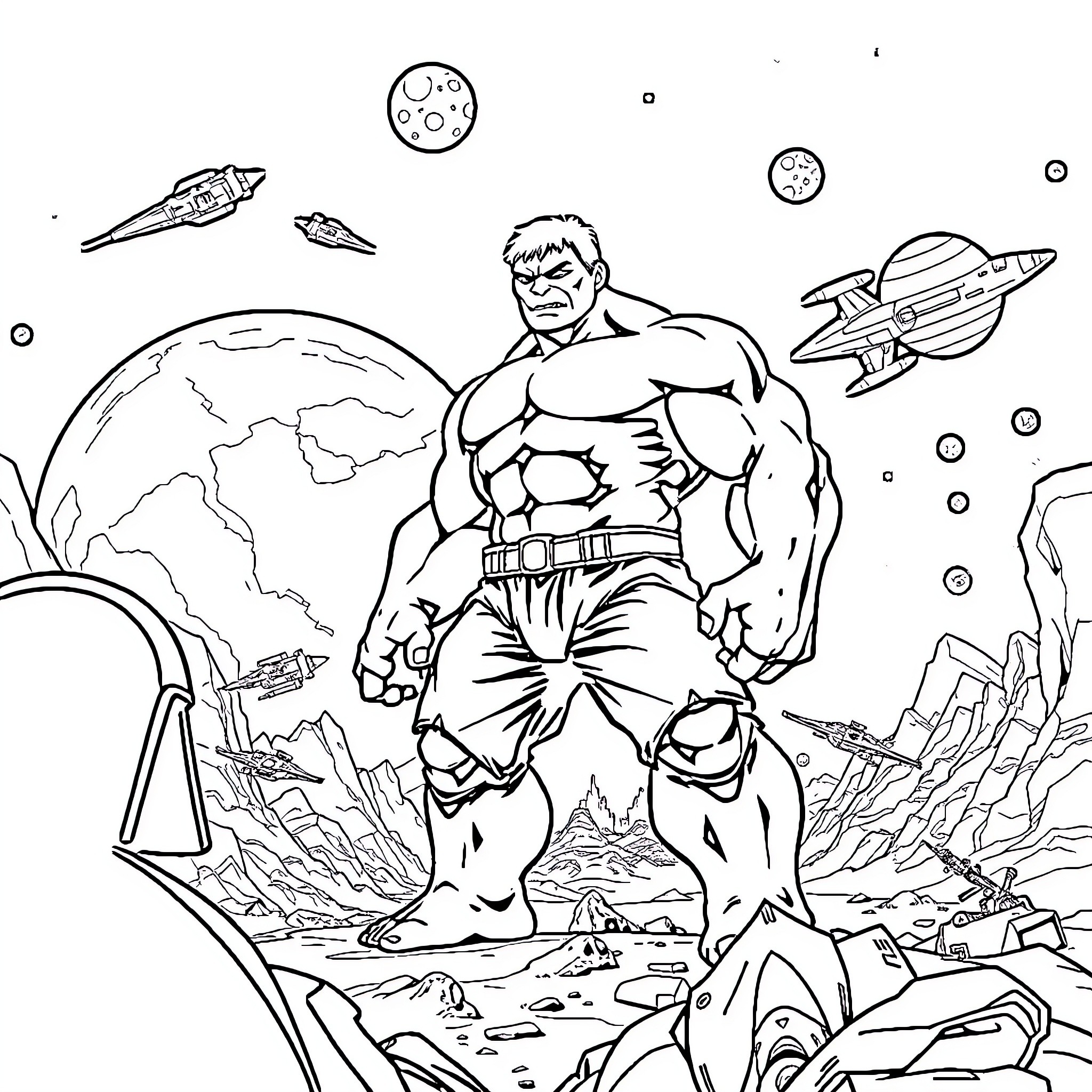 Hulk Smashing Through the Cosmic Landscape Coloring Page (free black-and-white line drawing printable PDF for all, from beginners to advanced learners, including children, teens, adults, and seniors)