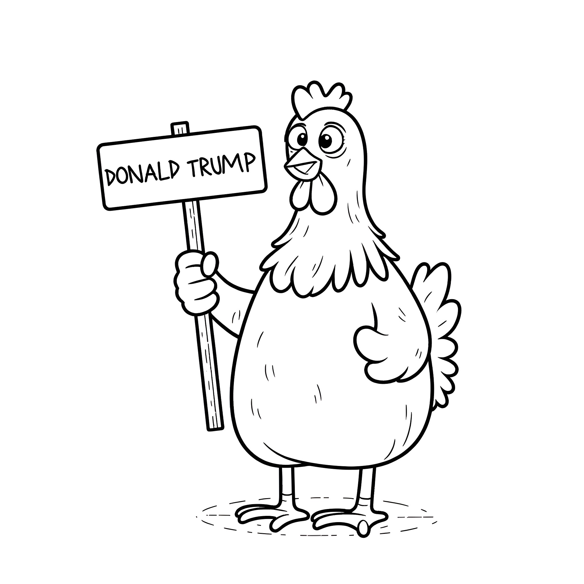 Donald Trump chicken holding protest sign Coloring Page (free black-and-white line drawing printable PDF for all, from beginners to advanced learners, including children, teens, adults, and seniors)