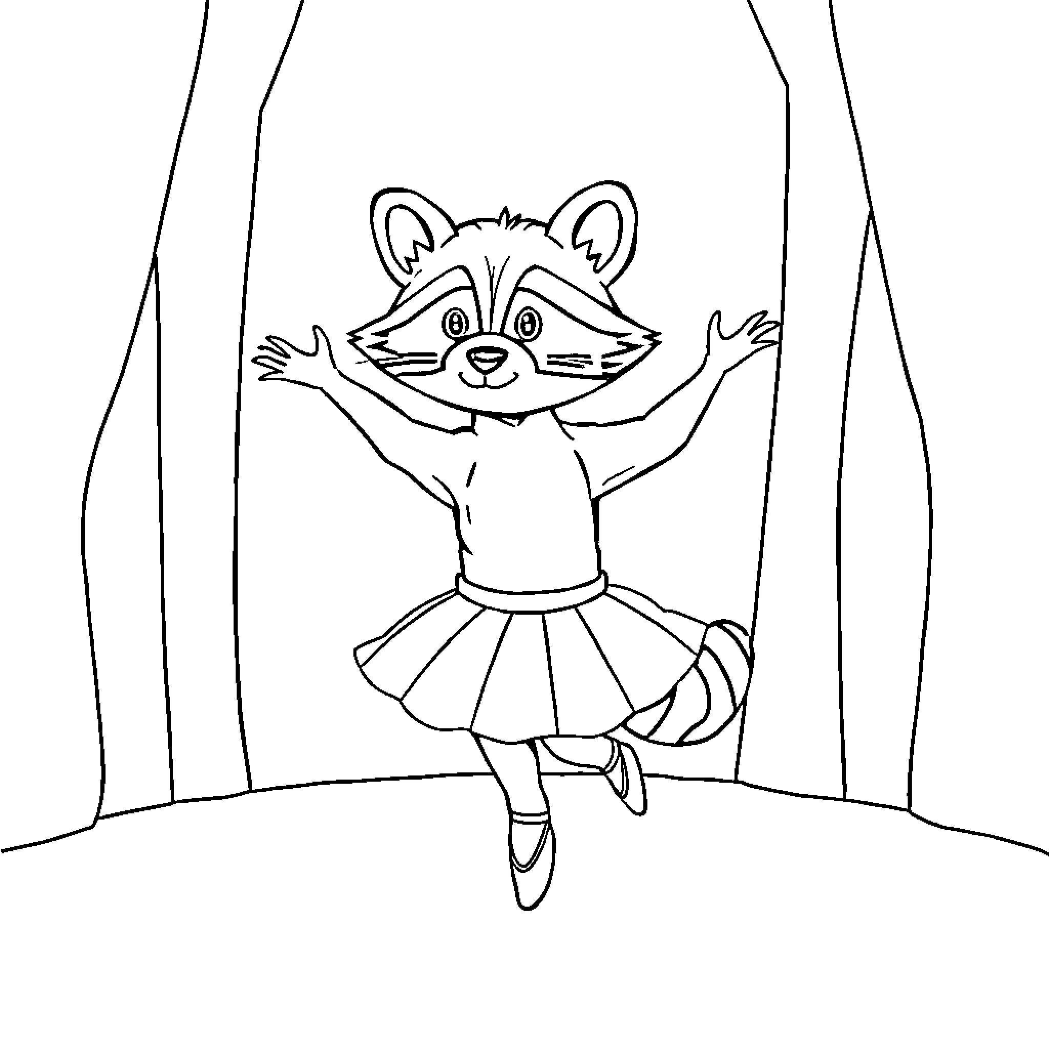 Raccoon ballerina performing on stage Coloring Page (free black-and-white line drawing printable PDF for all, from beginners to advanced learners, including children, teens, adults, and seniors)