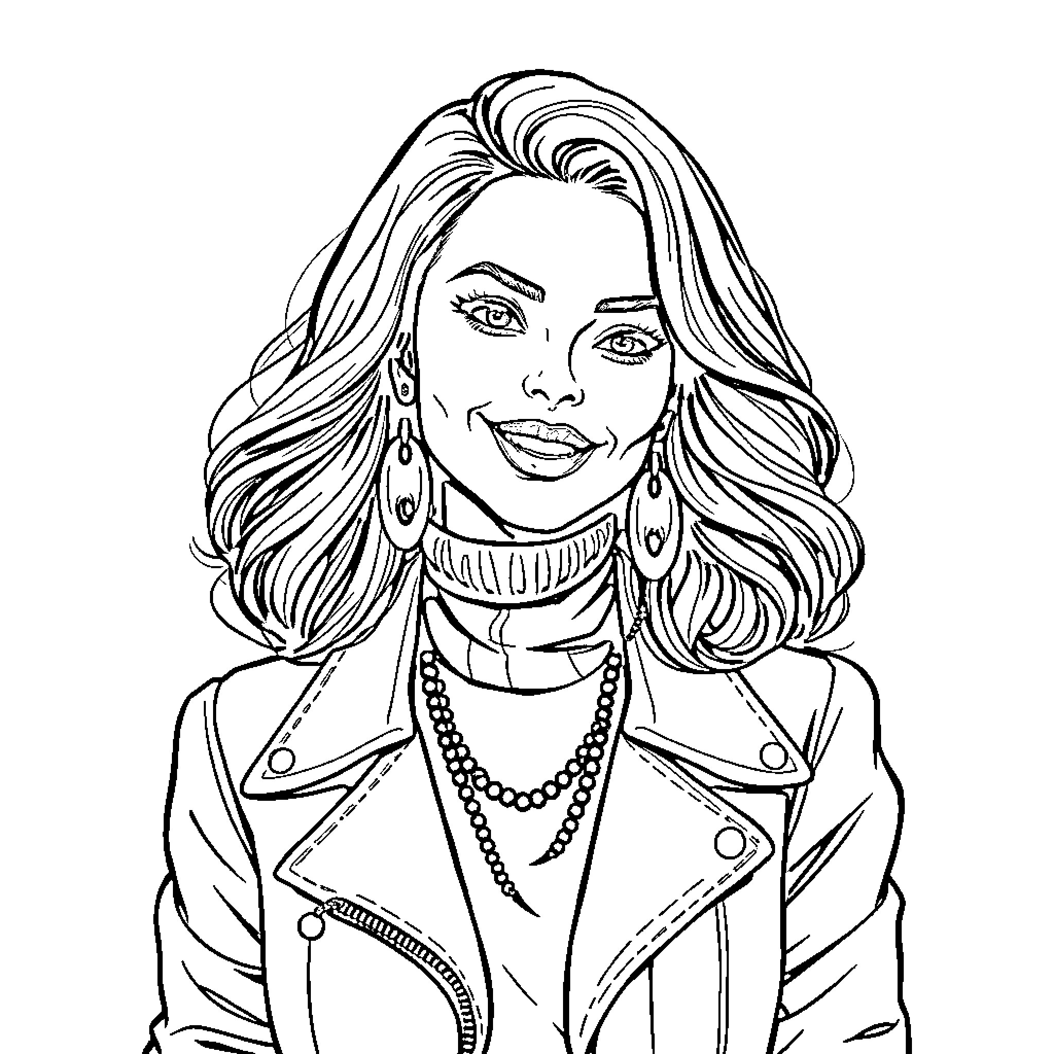 Woman in stylish jacket and accessories Coloring Page (free black-and-white line drawing printable PDF for all, from beginners to advanced learners, including children, teens, adults, and seniors)