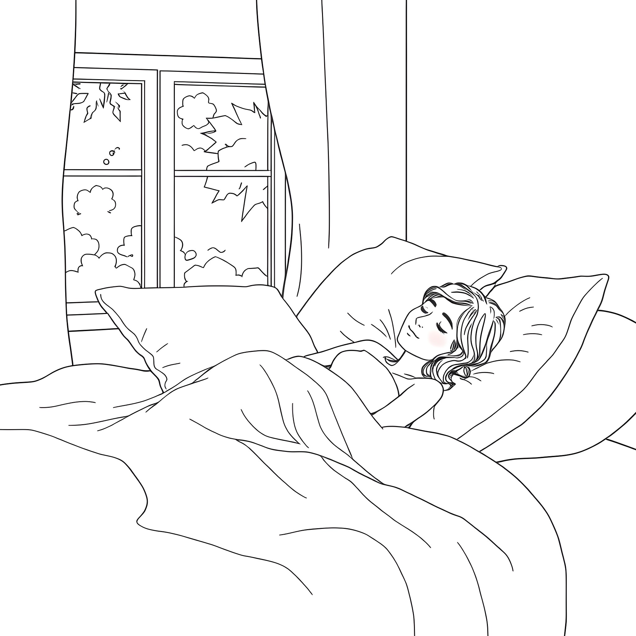 Woman sleeping peacefully in bed by the window Coloring Page (free black-and-white line drawing printable PDF for all, from beginners to advanced learners, including children, teens, adults, and seniors)