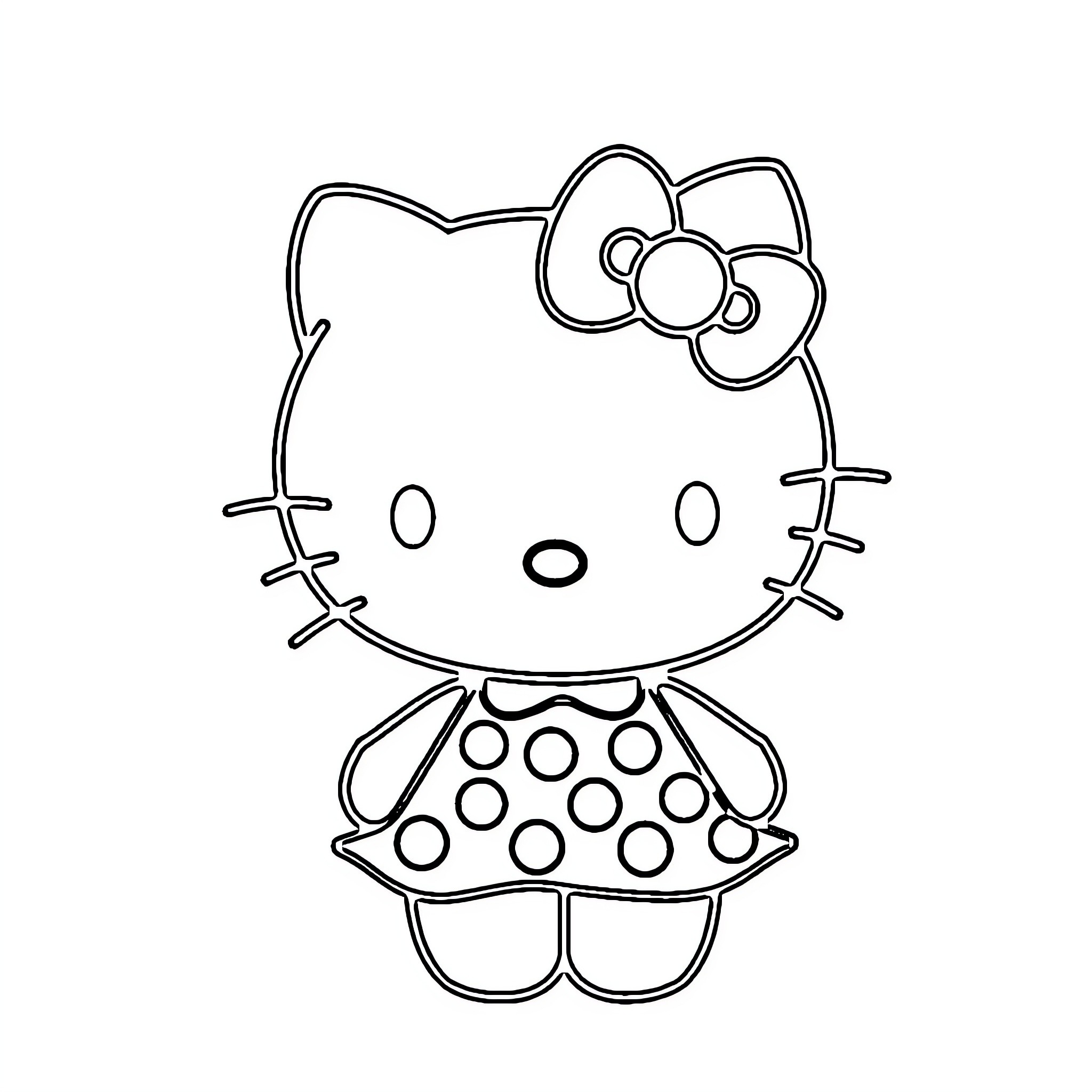 Hello Kitty in a Polka Dot Dress Coloring Page (free black-and-white line drawing printable PDF for all, from beginners to advanced learners, including children, teens, adults, and seniors)
