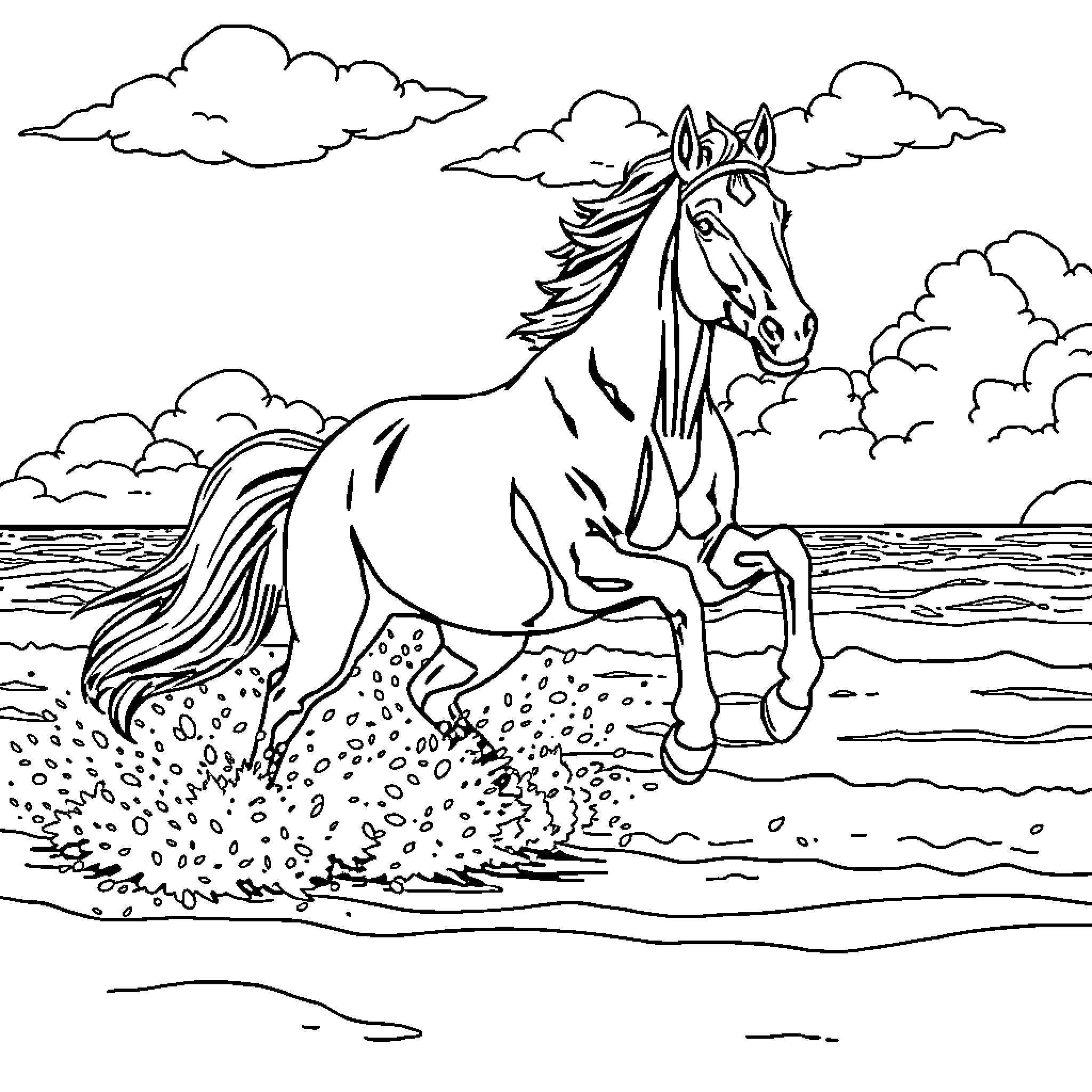 Horse galloping through a cloudy field Coloring Page (free black-and-white line drawing printable PDF for all, from beginners to advanced learners, including children, teens, adults, and seniors)