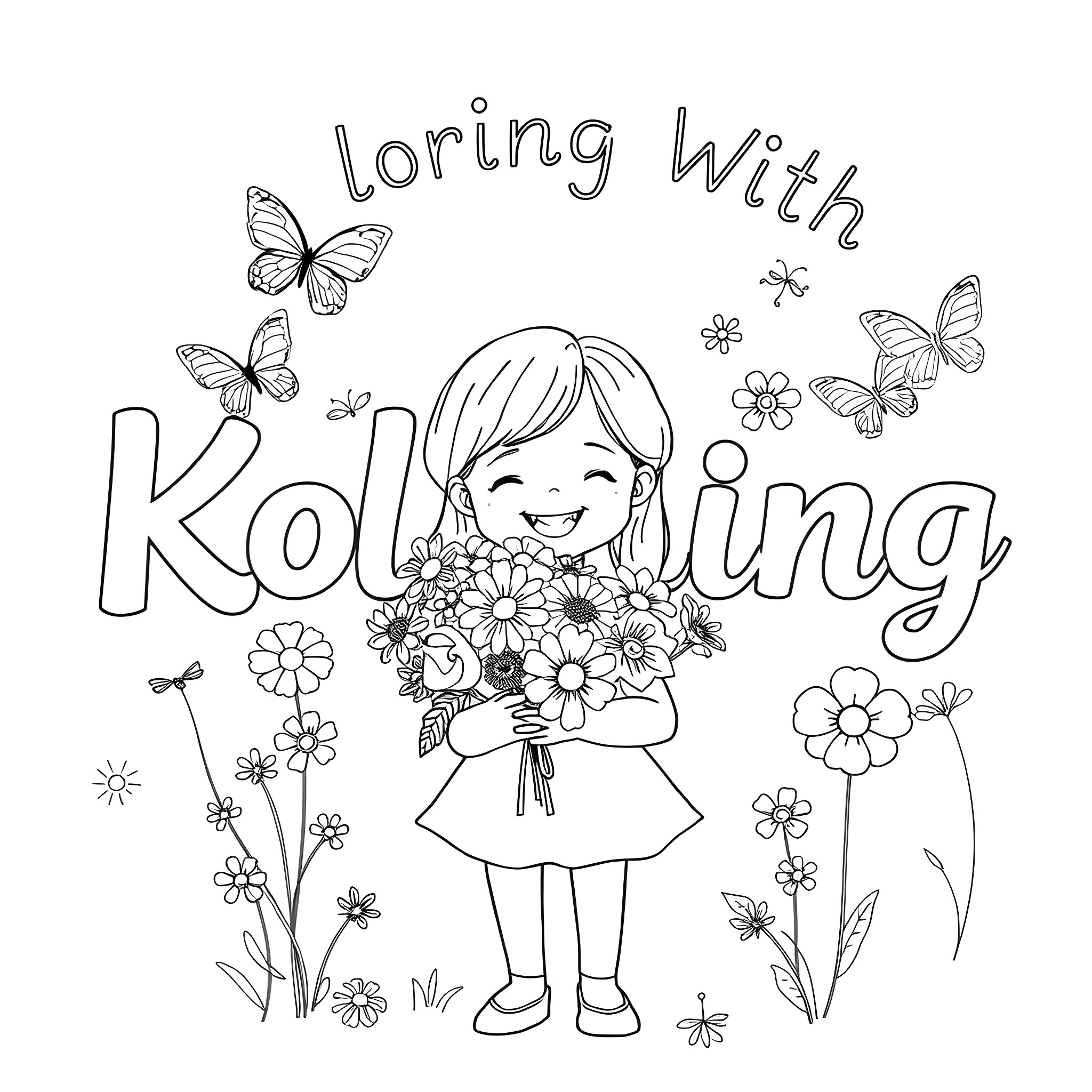 Girl holding flowers and surrounded by butterflies Coloring Page (free black-and-white line drawing printable PDF for all, from beginners to advanced learners, including children, teens, adults, and seniors)