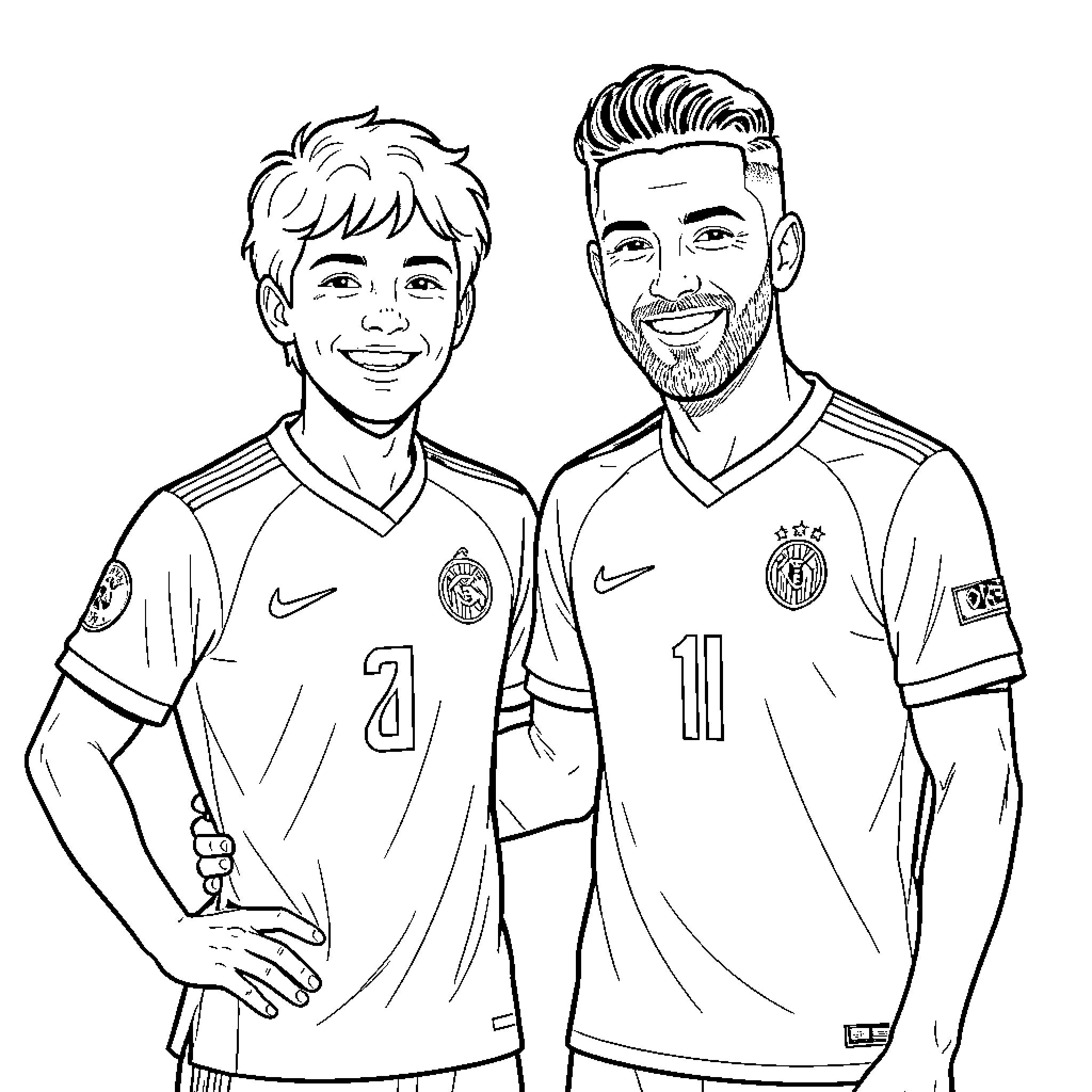 Lamine Yamal smiling while standing with a teammate Coloring Page (free black-and-white line drawing printable PDF for all, from beginners to advanced learners, including children, teens, adults, and seniors)