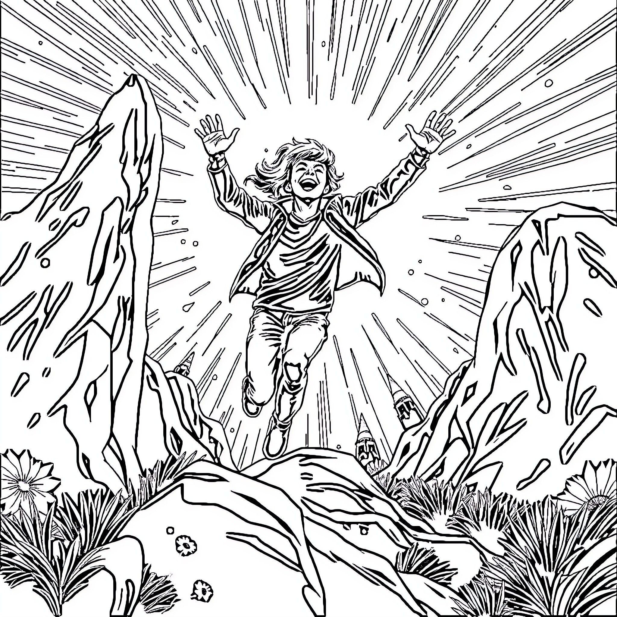 High Energy Adventurer Explores Wilderness Wonderland Coloring Page (free black-and-white line drawing printable PDF for all, from beginners to advanced learners, including children, teens, adults, and seniors)