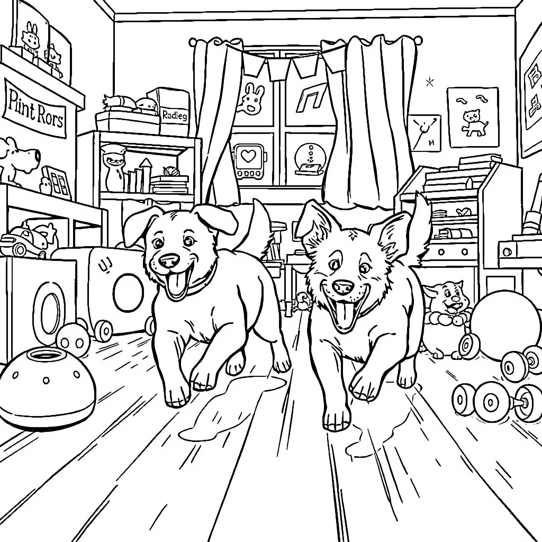Dogs Playing Happily in a Pet Store Coloring Page (free black-and-white line drawing printable PDF for all, from beginners to advanced learners, including children, teens, adults, and seniors)