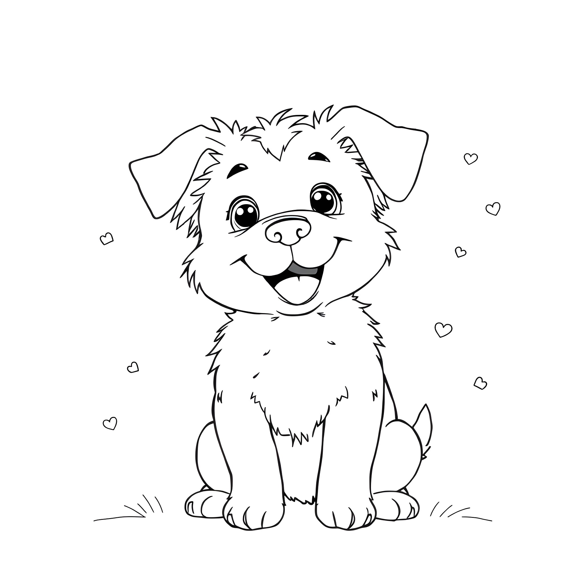 Dog happily sitting with hearts Coloring Page (free black-and-white line drawing printable PDF for all, from beginners to advanced learners, including children, teens, adults, and seniors)