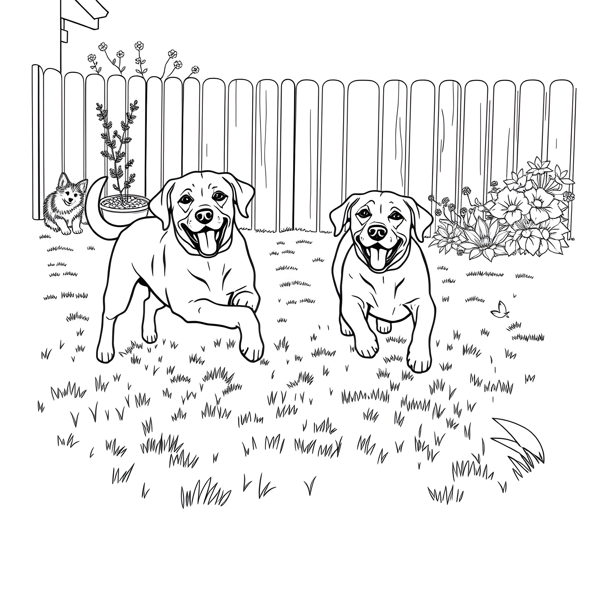 Labrador dogs playing happily in the backyard Coloring Page (free black-and-white line drawing printable PDF for all, from beginners to advanced learners, including children, teens, adults, and seniors)