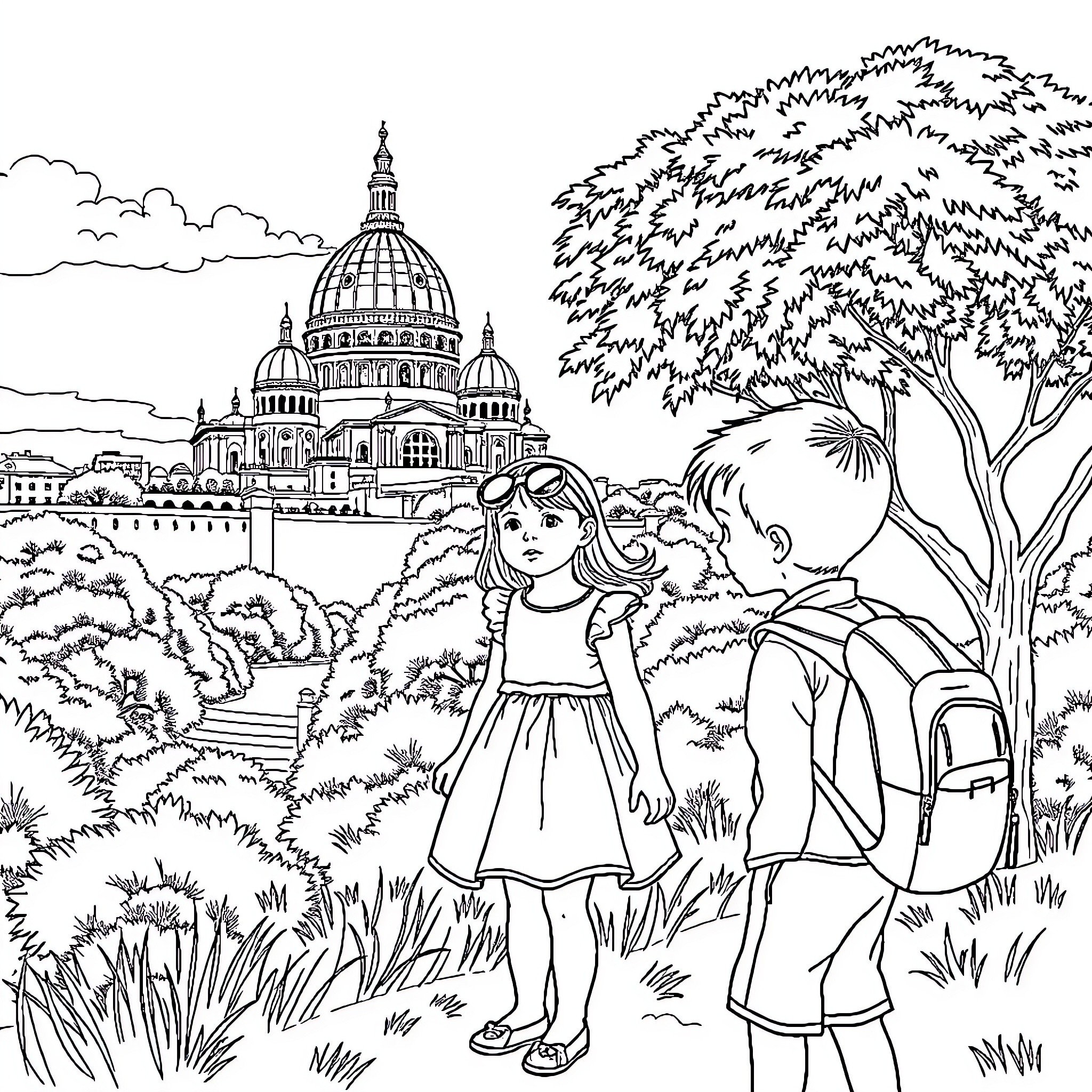 Child exploring a historic city landmark with a companion Coloring Page (free black-and-white line drawing printable PDF for all, from beginners to advanced learners, including children, teens, adults, and seniors)