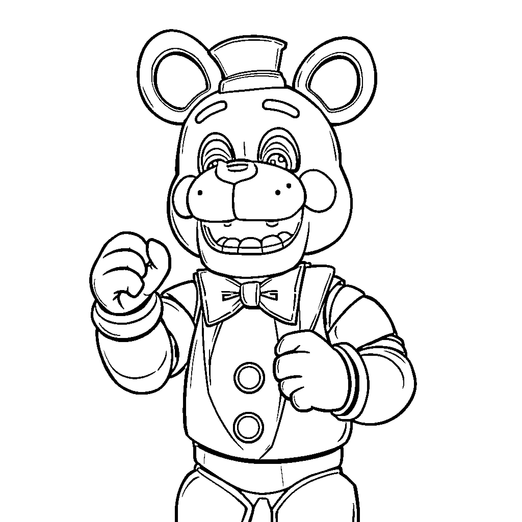 Bonnie the Smiling Animatronic in Formal Attire Coloring Page (free black-and-white line drawing printable PDF for all, from beginners to advanced learners, including children, teens, adults, and seniors)