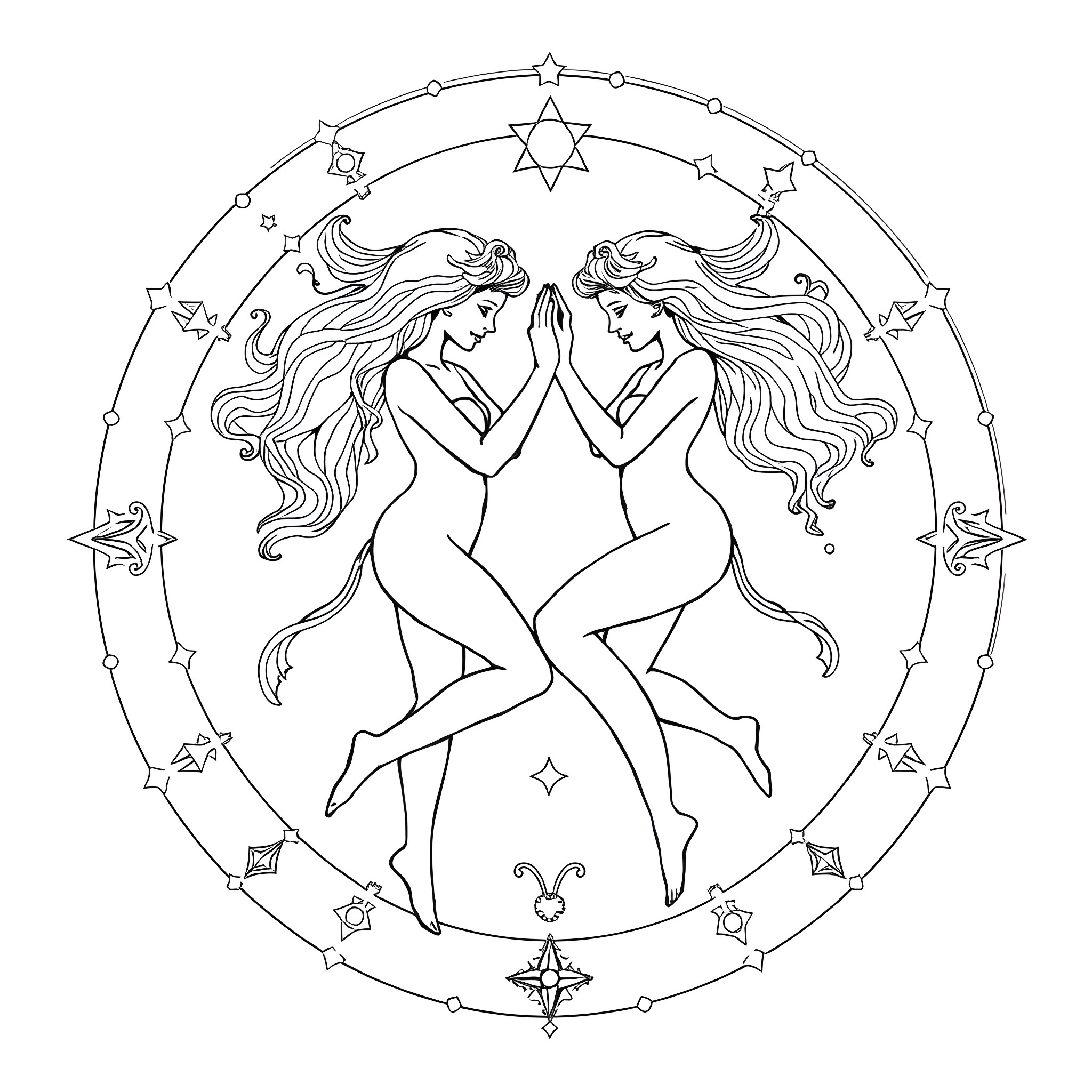 Gemini: Celestial Dancers in Mystical Embrace Coloring Page (free black-and-white line drawing printable PDF for all, from beginners to advanced learners, including children, teens, adults, and seniors)