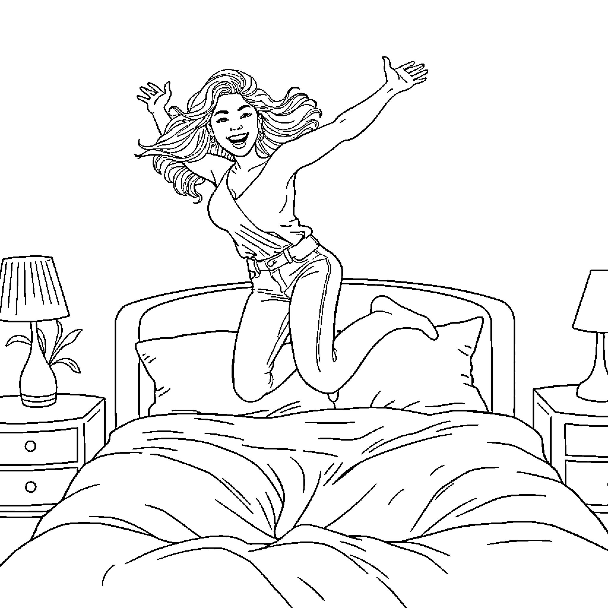 Latina woman joyfully jumping on bed Coloring Page (free black-and-white line drawing printable PDF for all, from beginners to advanced learners, including children, teens, adults, and seniors)