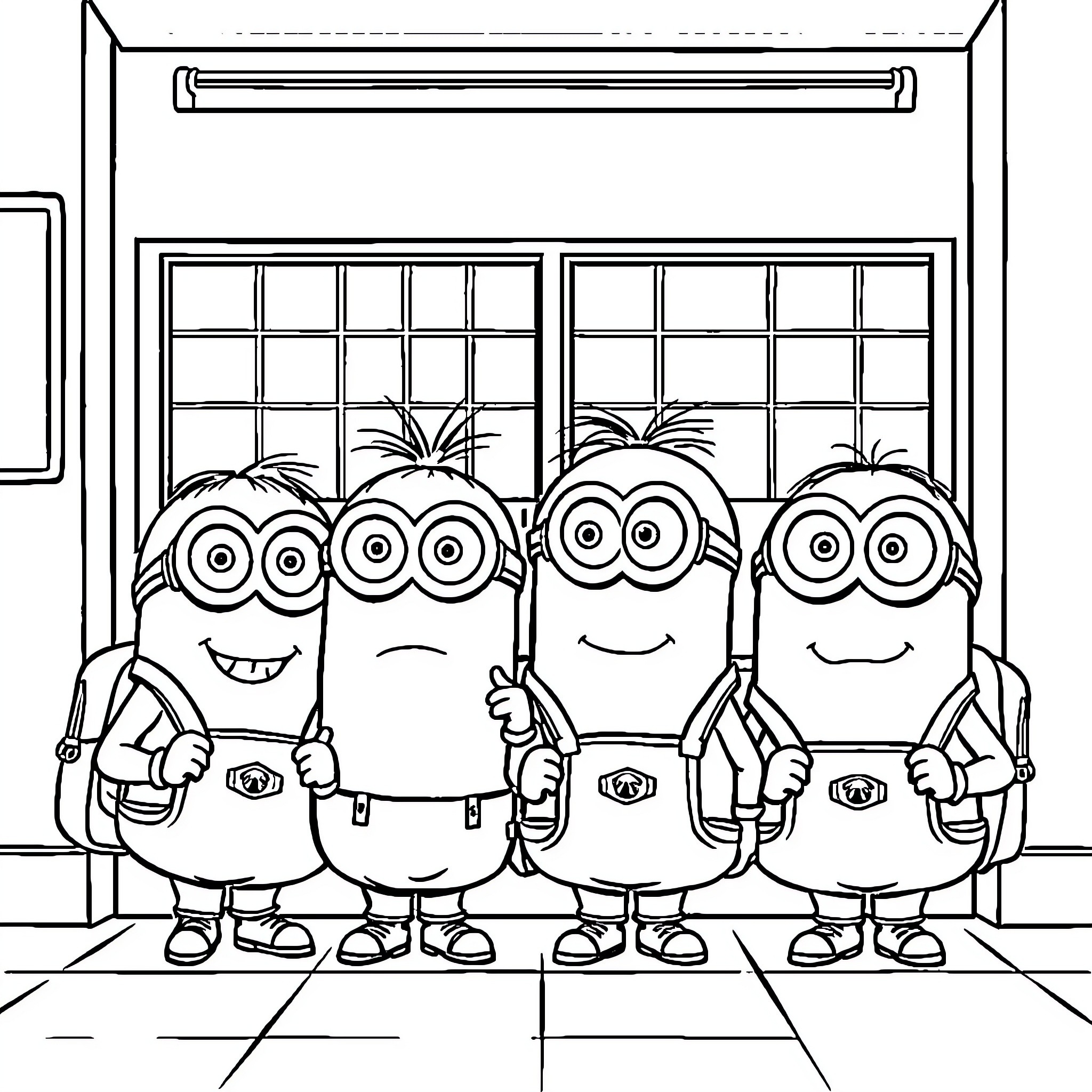 Minions posing and smiling in a room Coloring Page (free black-and-white line drawing printable PDF for all, from beginners to advanced learners, including children, teens, adults, and seniors)