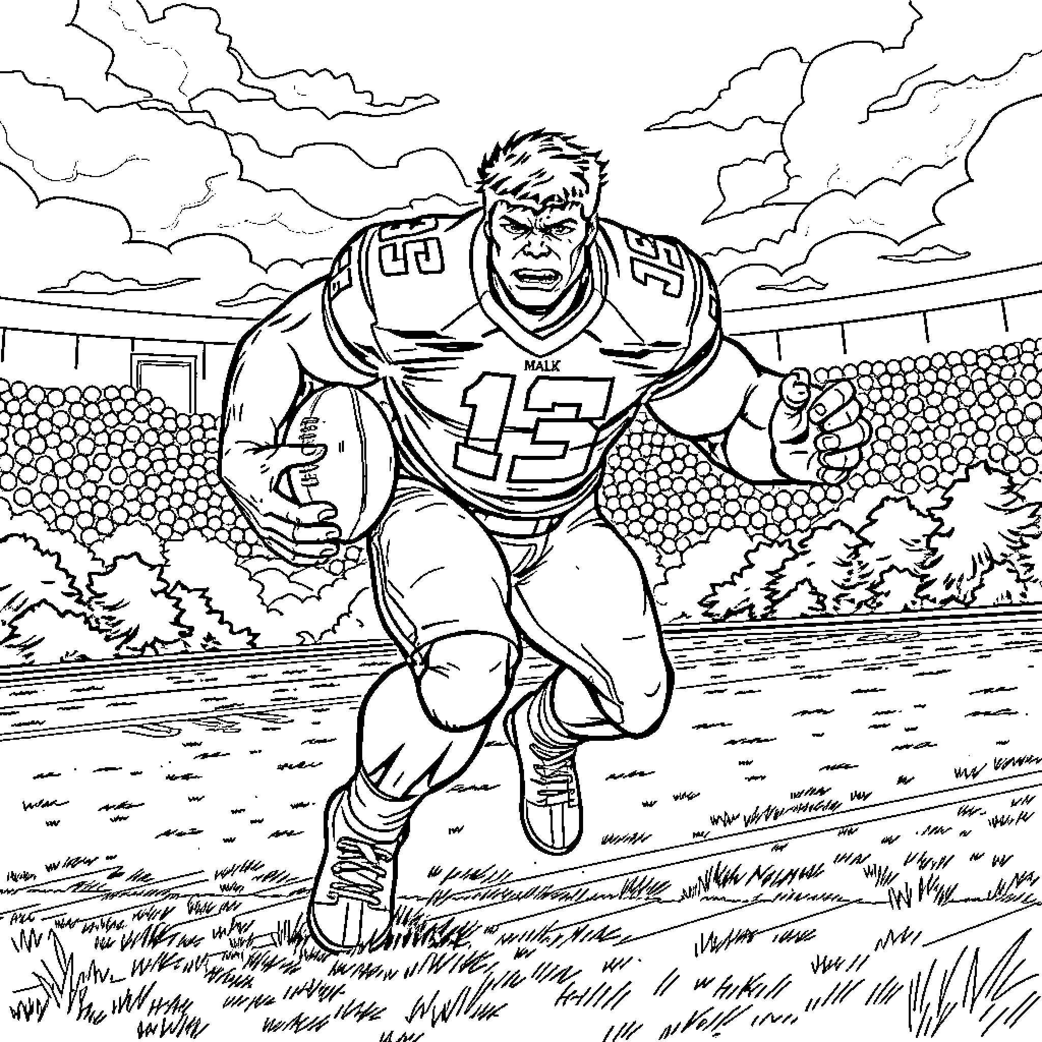 Hulk playing aggressively on the football field Coloring Page (free black-and-white line drawing printable PDF for all, from beginners to advanced learners, including children, teens, adults, and seniors)