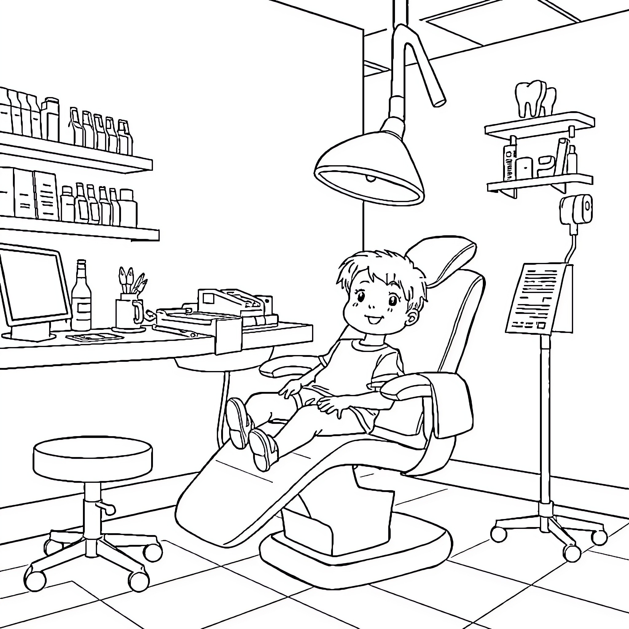 Niño enjoying dental checkup in the clinic Coloring Page (free black-and-white line drawing printable PDF for all, from beginners to advanced learners, including children, teens, adults, and seniors)