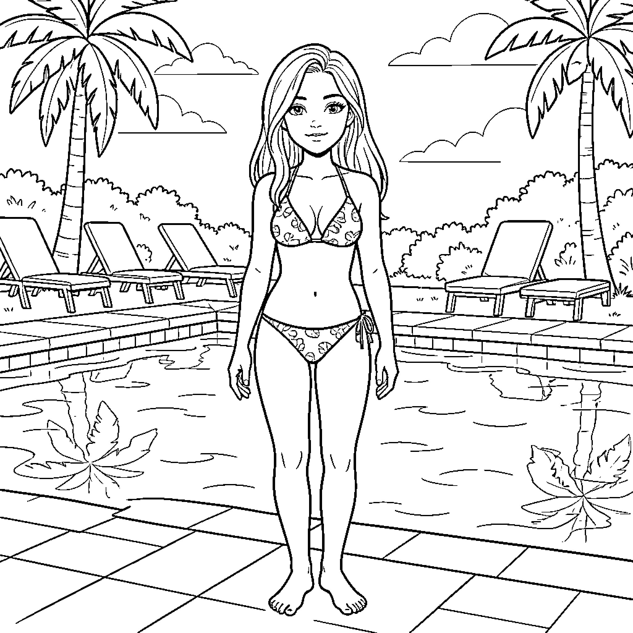 Lady standing confidently by a tropical swimming pool Coloring Page (free black-and-white line drawing printable PDF for all, from beginners to advanced learners, including children, teens, adults, and seniors)