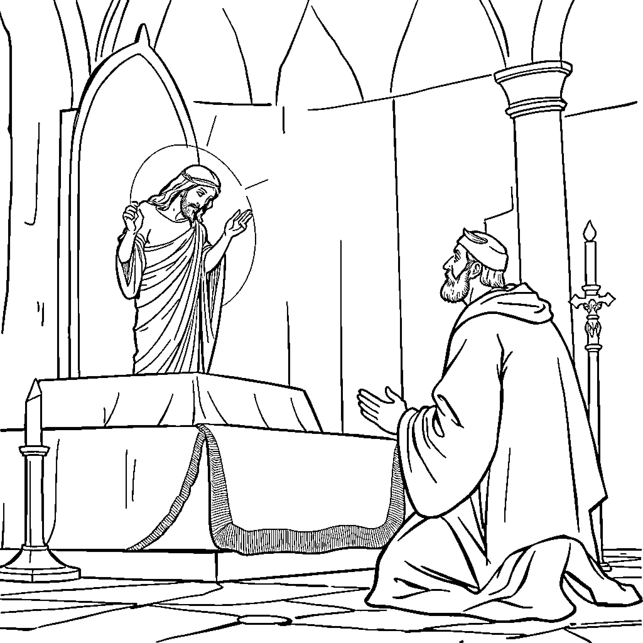 Jesus appearing before a devout worshiper Coloring Page (free black-and-white line drawing printable PDF for all, from beginners to advanced learners, including children, teens, adults, and seniors)