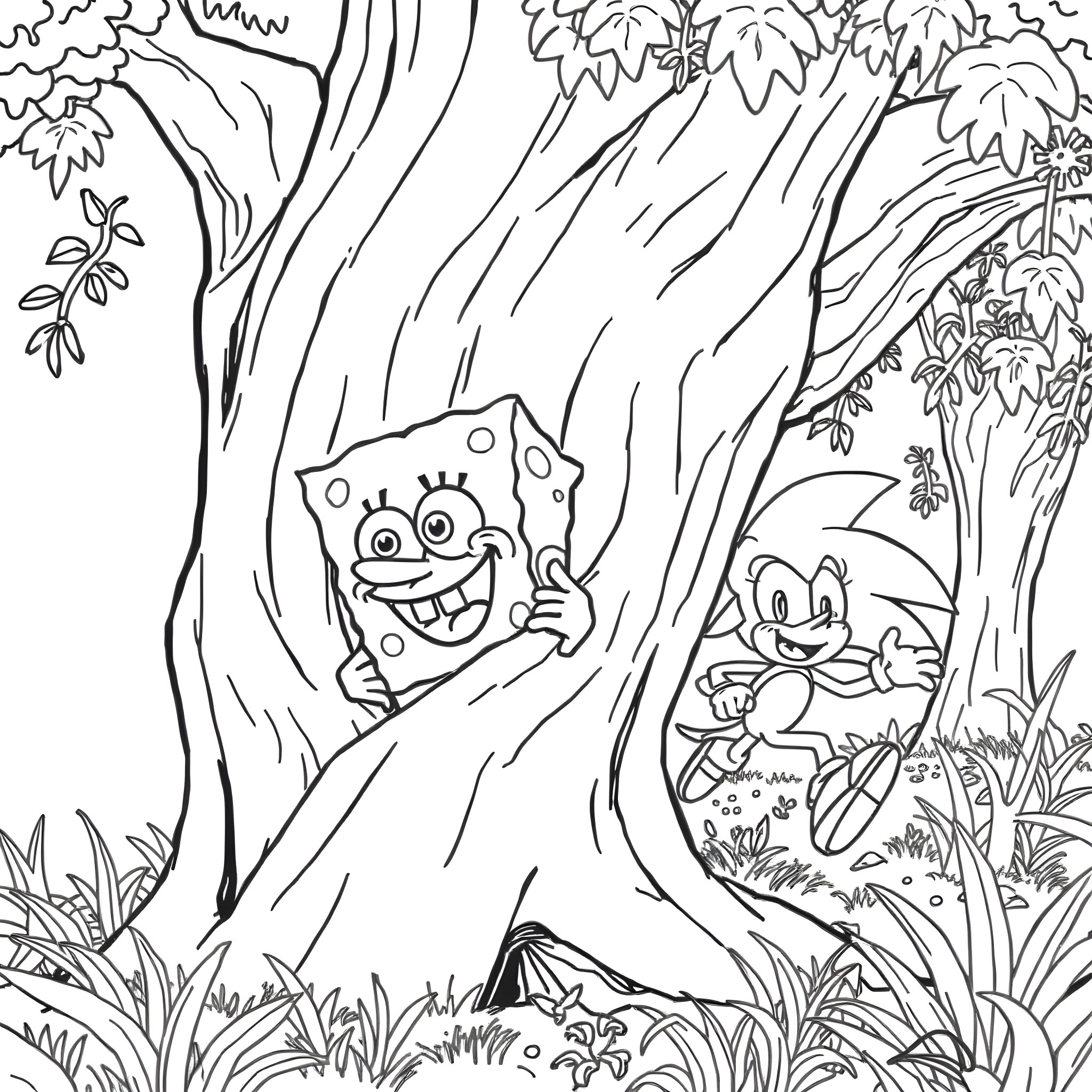 Spongebob and friends explore the enchanted forest Coloring Page (free black-and-white line drawing printable PDF for all, from beginners to advanced learners, including children, teens, adults, and seniors)