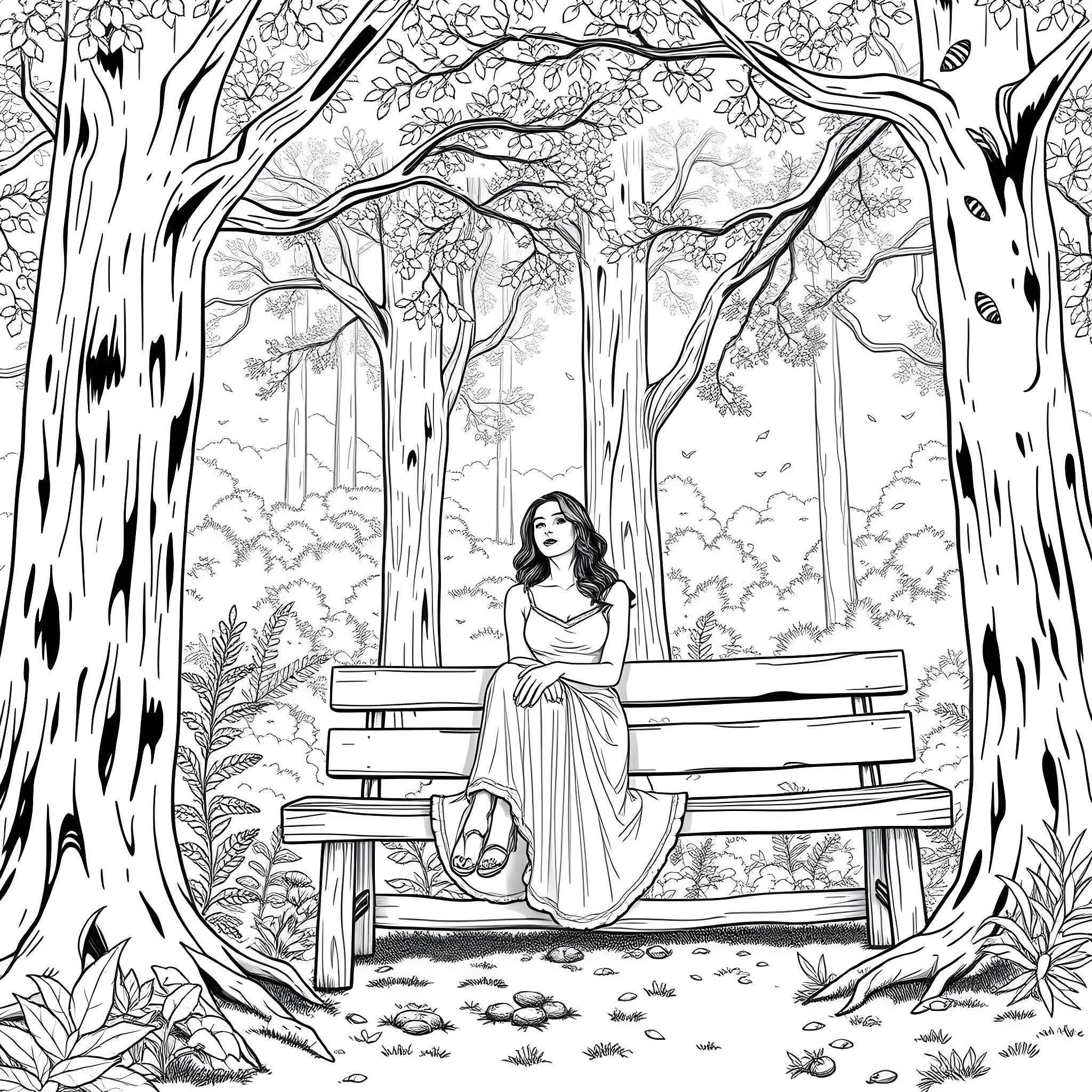 Woman sitting alone on bench in peaceful forest Coloring Page (free black-and-white line drawing printable PDF for all, from beginners to advanced learners, including children, teens, adults, and seniors)