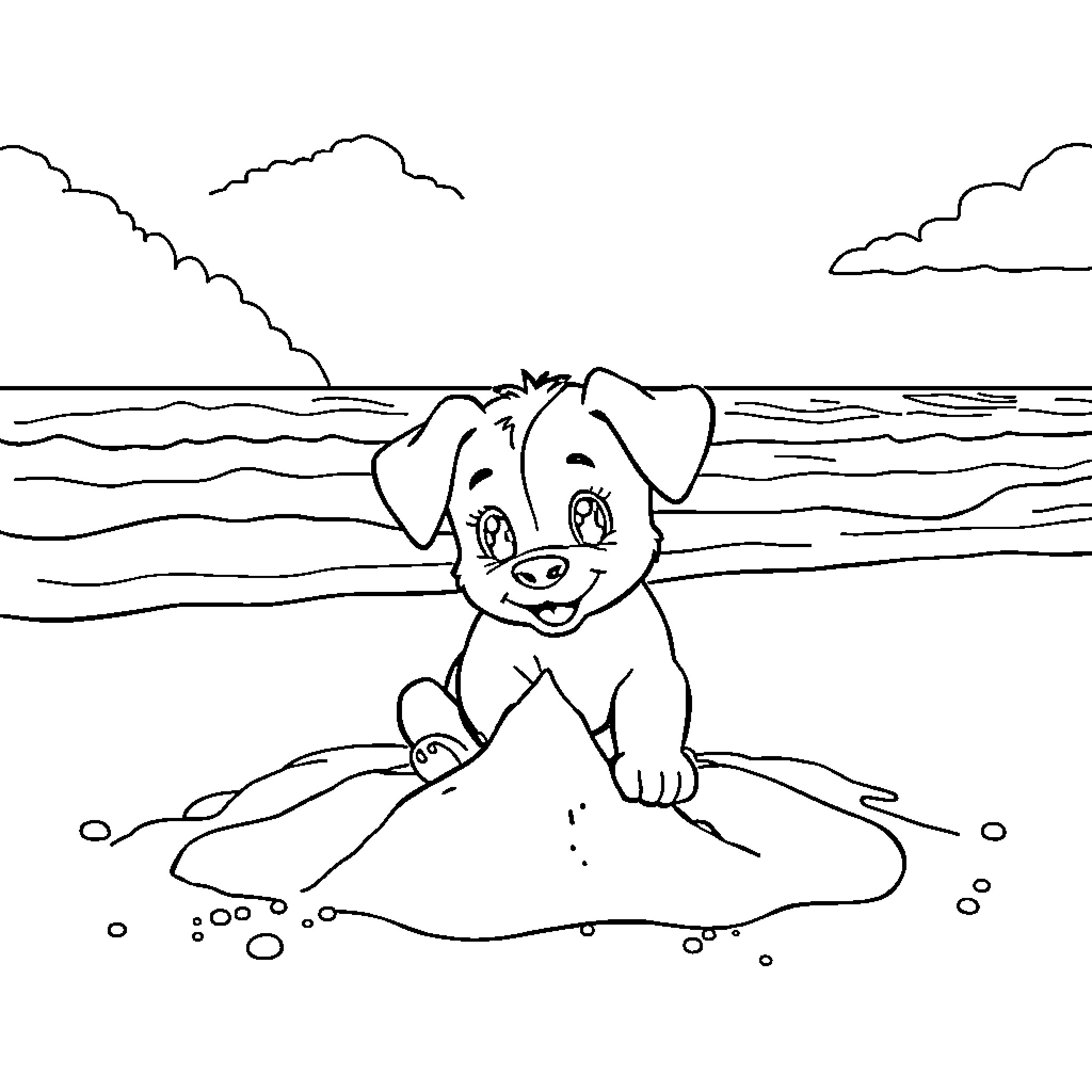 Bluey playing happily on the beach Coloring Page (free black-and-white line drawing printable PDF for all, from beginners to advanced learners, including children, teens, adults, and seniors)