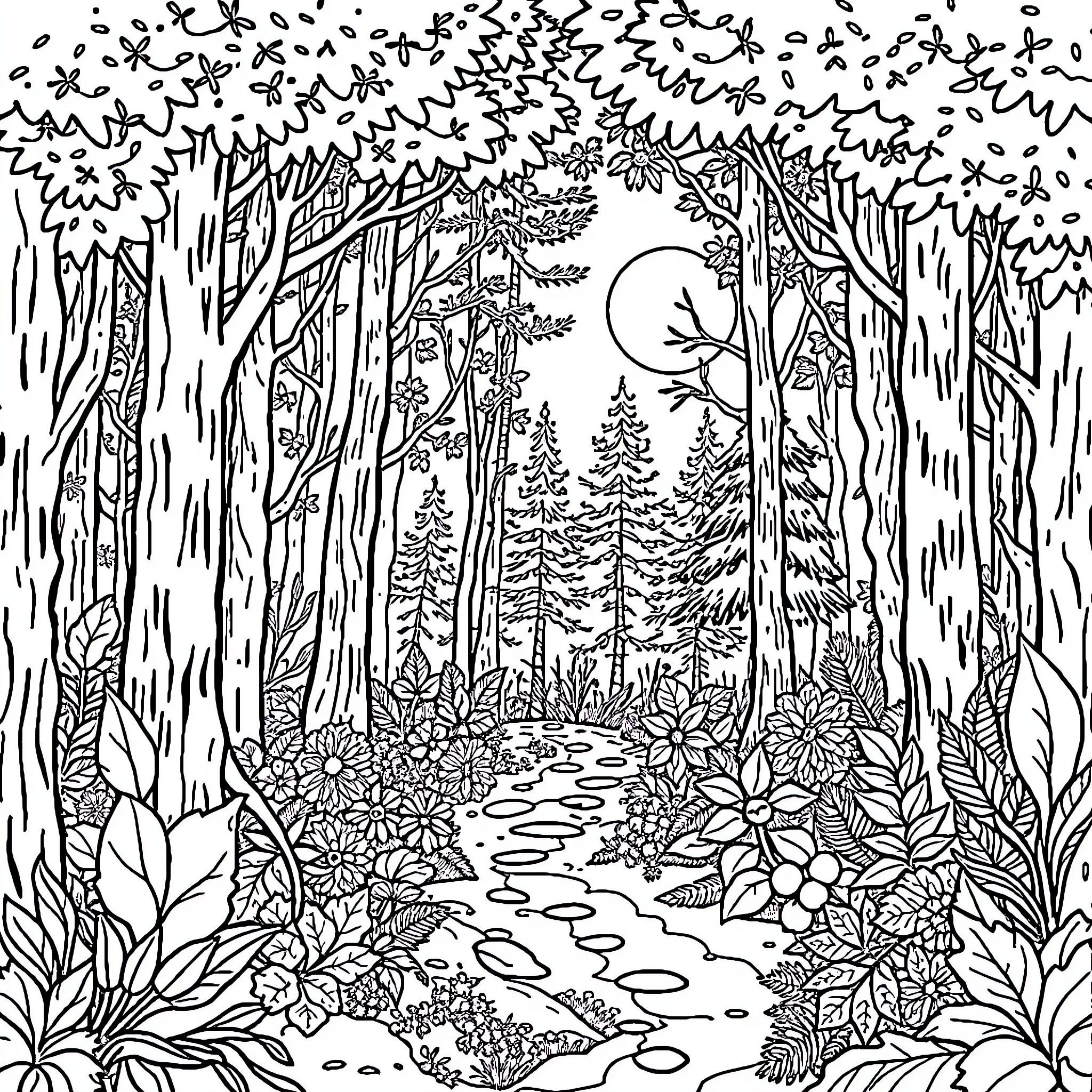 Forest scene with flowing stream and full moon Coloring Page (free black-and-white line drawing printable PDF for all, from beginners to advanced learners, including children, teens, adults, and seniors)
