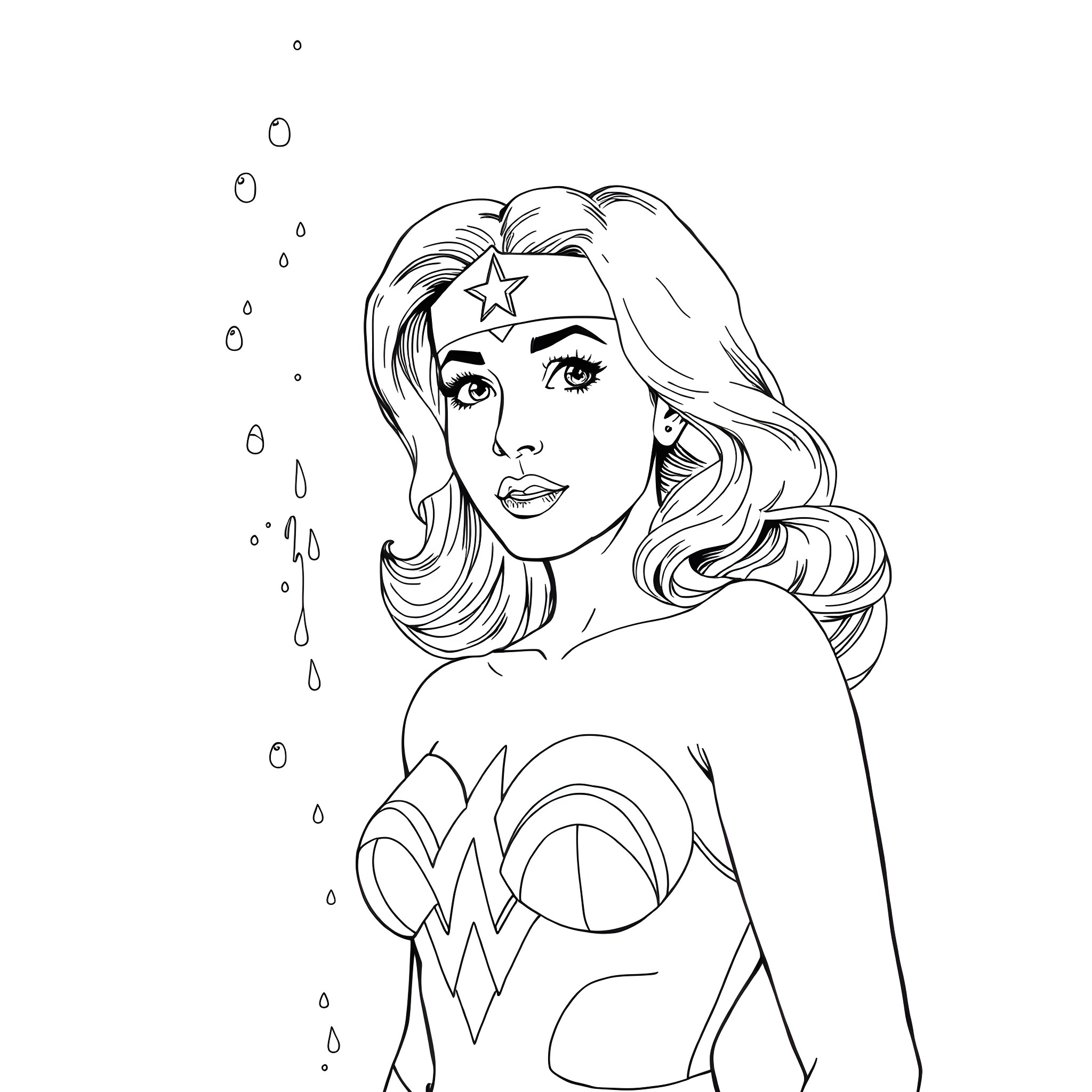 Wonder Woman in heroic pose with determination Coloring Page (free black-and-white line drawing printable PDF for all, from beginners to advanced learners, including children, teens, adults, and seniors)