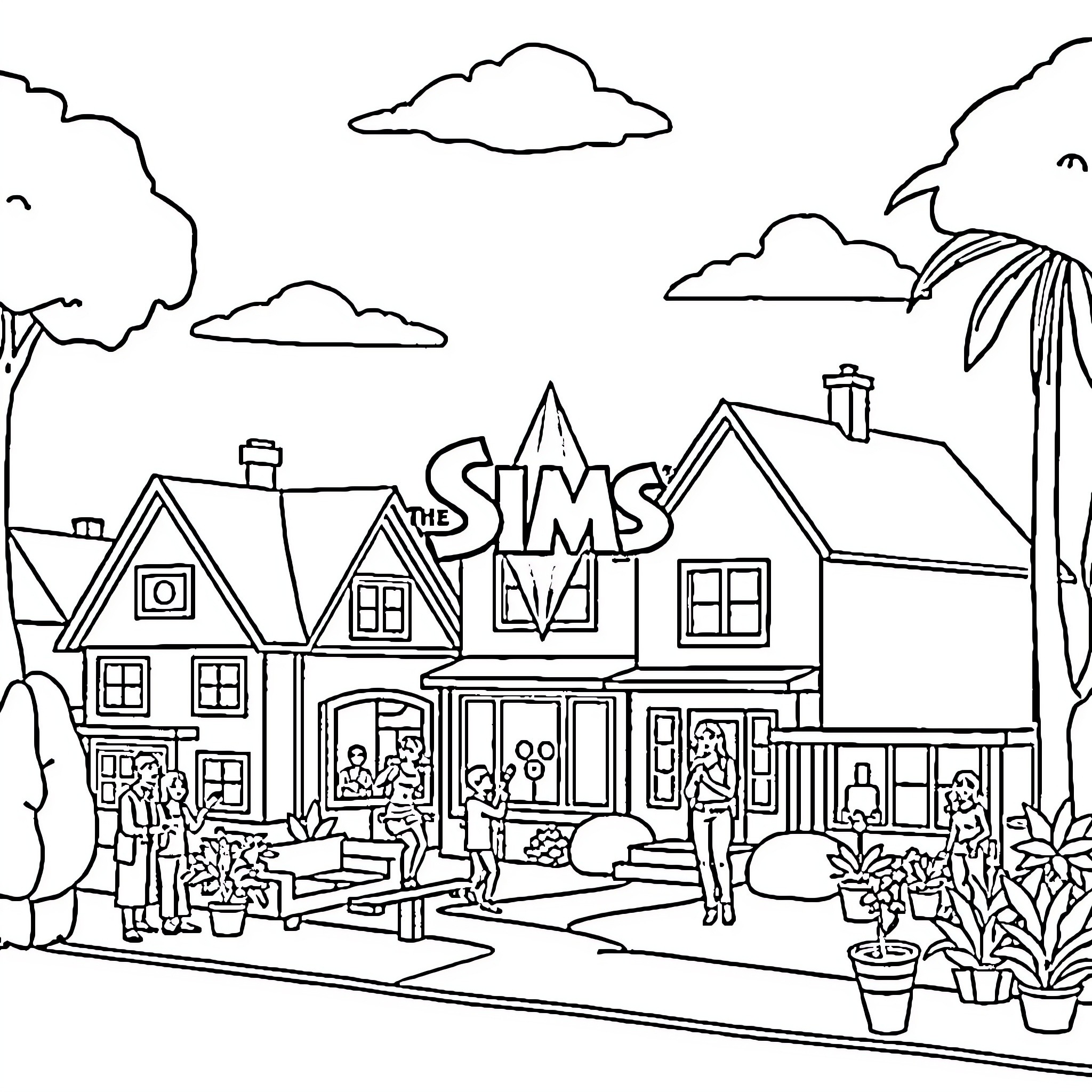 Sims characters in a neighborhood scene Coloring Page (free black-and-white line drawing printable PDF for all, from beginners to advanced learners, including children, teens, adults, and seniors)