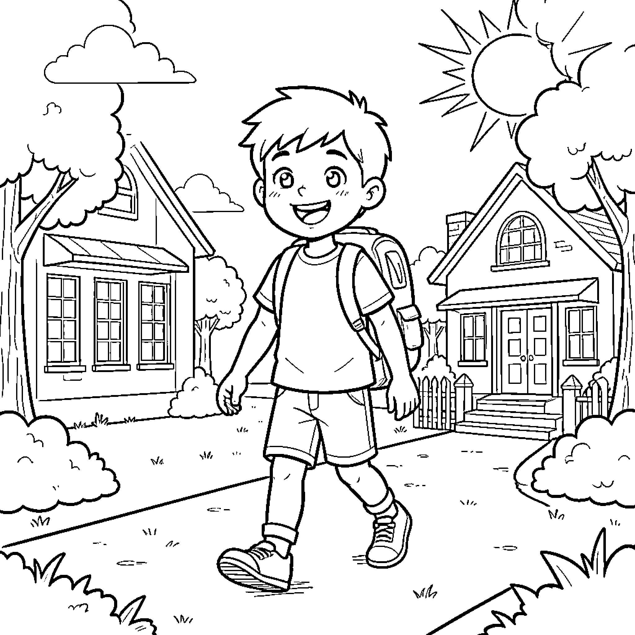 Boy walking happily down the neighborhood street Coloring Page (free black-and-white line drawing printable PDF for all, from beginners to advanced learners, including children, teens, adults, and seniors)