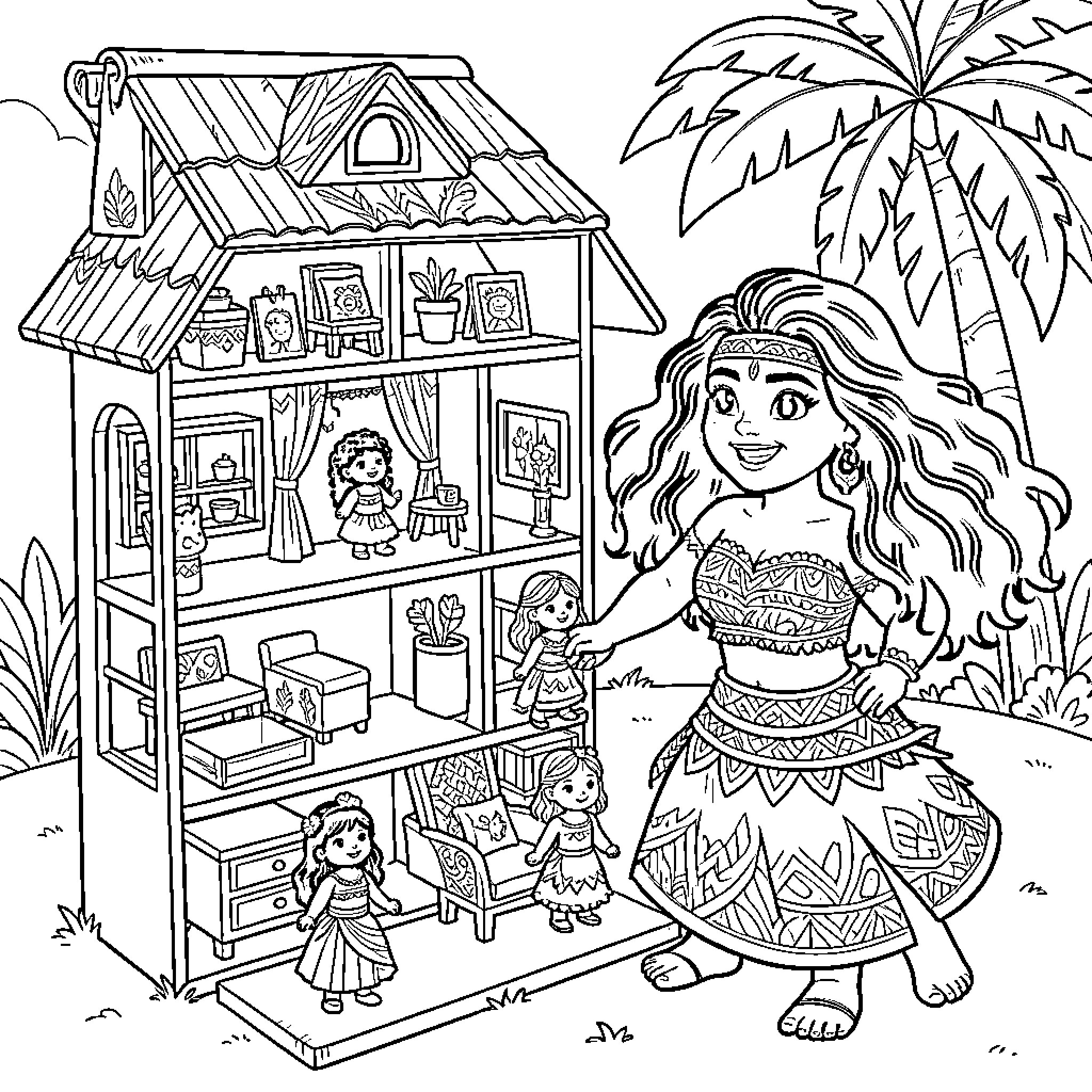 Moana's Beachside Dollhouse Adventure Coloring Page (free black-and-white line drawing printable PDF for all, from beginners to advanced learners, including children, teens, adults, and seniors)