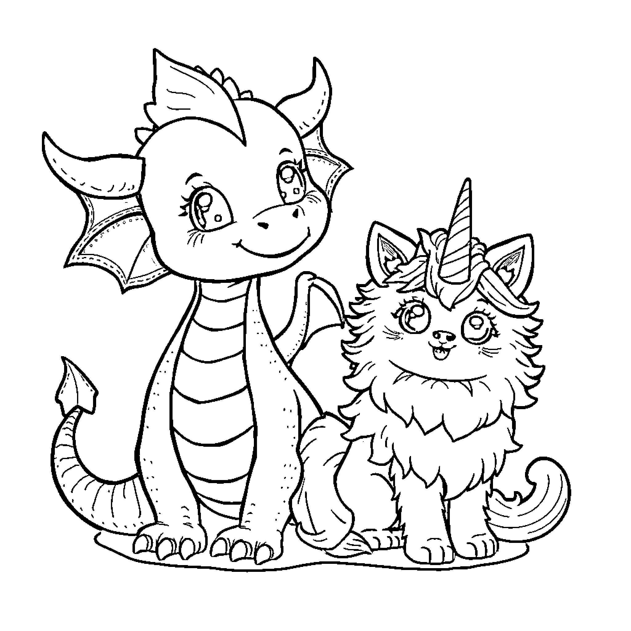 Dragon companions playing happily together Coloring Page (free black-and-white line drawing printable PDF for all, from beginners to advanced learners, including children, teens, adults, and seniors)