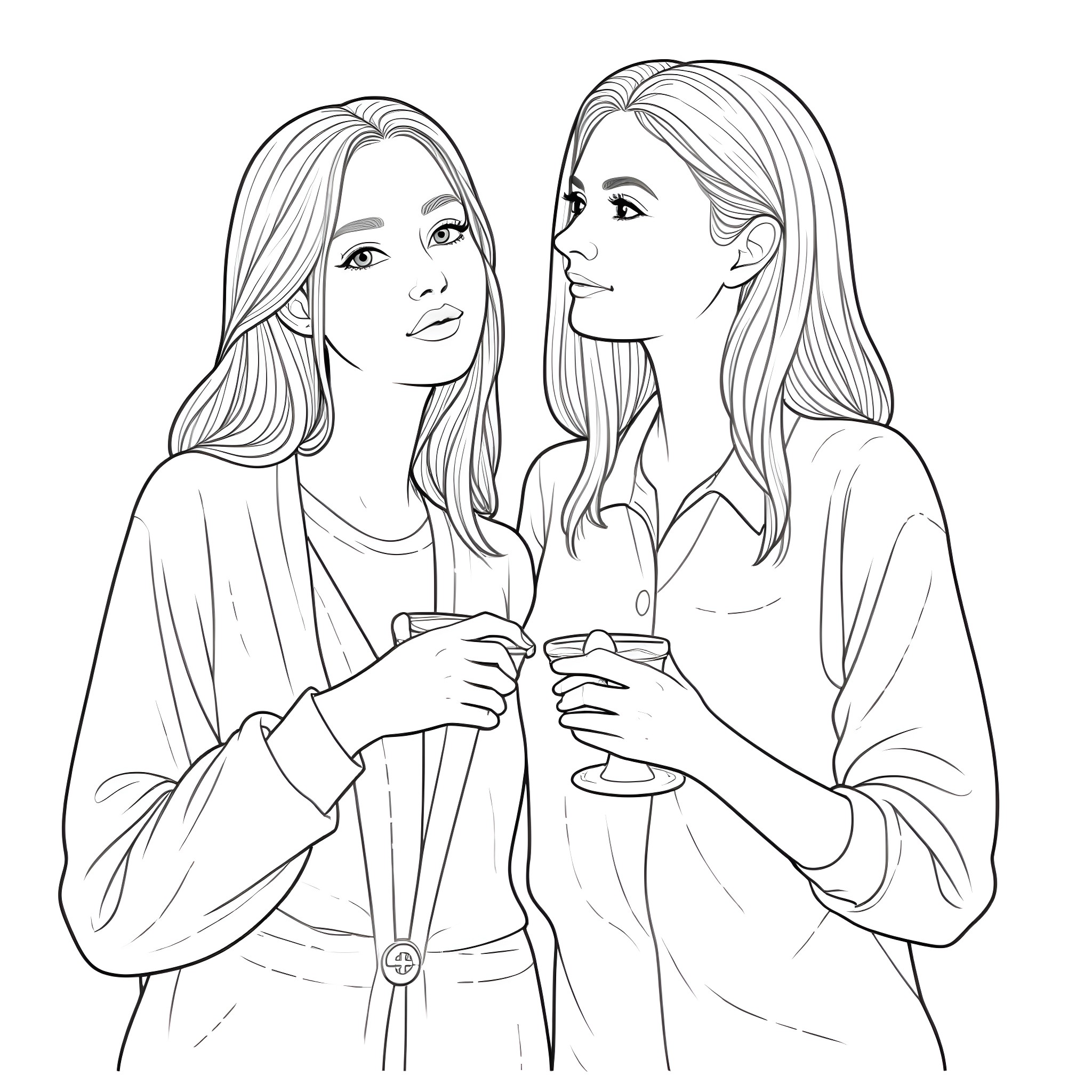 Female friends chatting and enjoying drinks Coloring Page (free black-and-white line drawing printable PDF for all, from beginners to advanced learners, including children, teens, adults, and seniors)