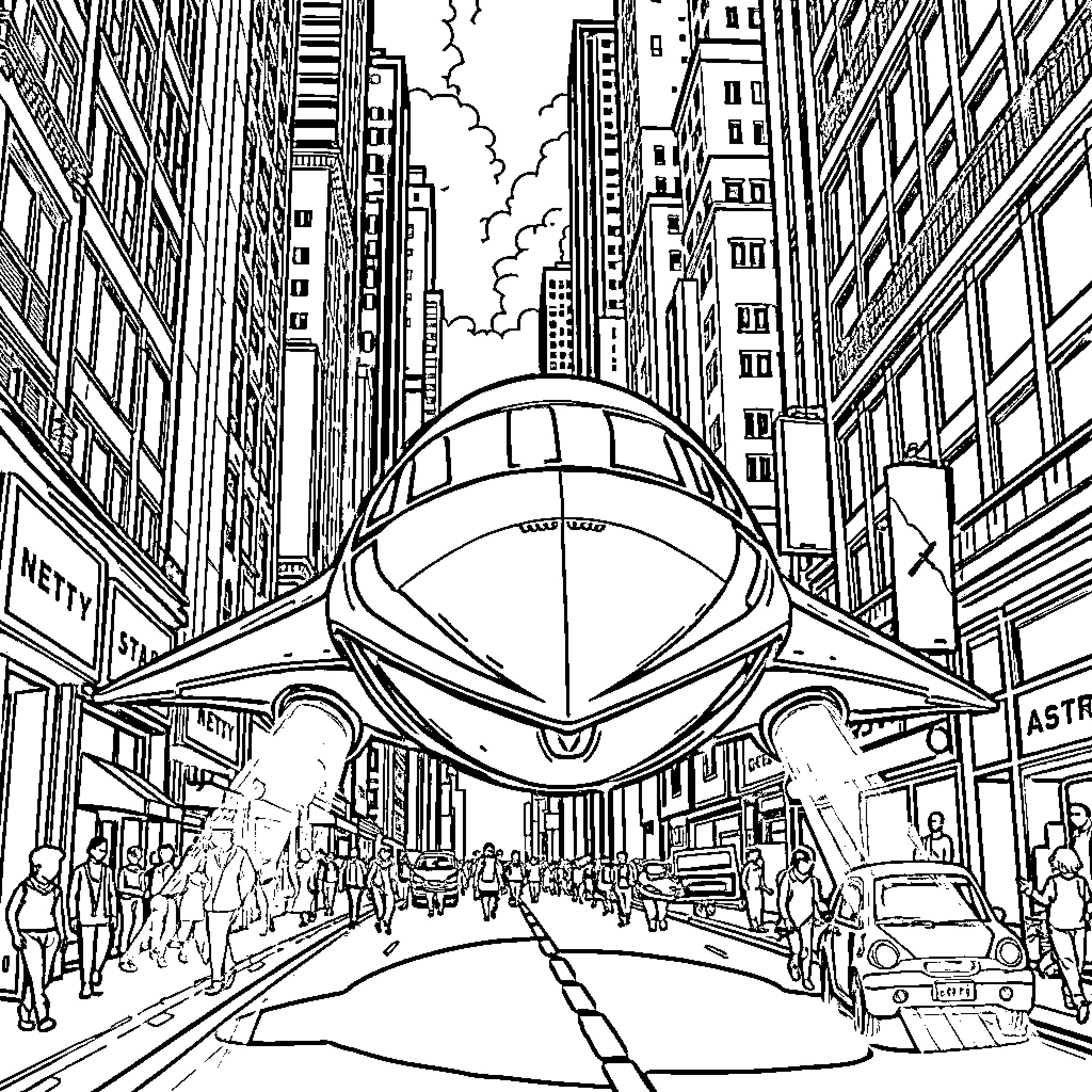 Spaceship hovering over crowded city street Coloring Page (free black-and-white line drawing printable PDF for all, from beginners to advanced learners, including children, teens, adults, and seniors)