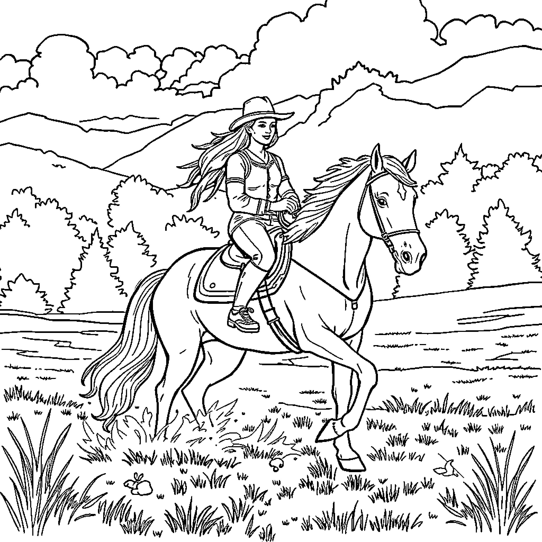 Cinderella Riding Her Horse Through the Countryside Coloring Page (free black-and-white line drawing printable PDF for all, from beginners to advanced learners, including children, teens, adults, and seniors)
